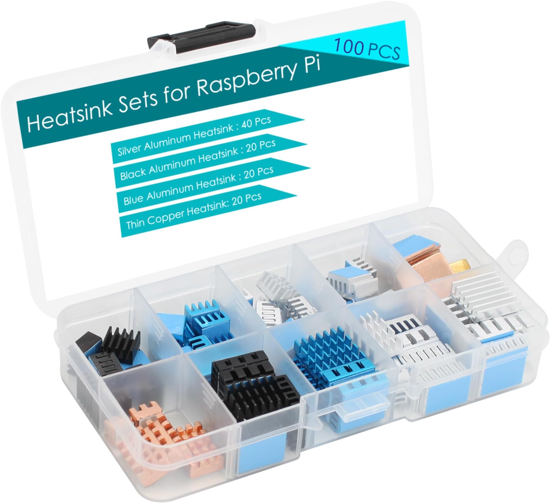 100 Pcs Heatsinks (Multi-Size&Multi-Color), Heatsink Kit with 3M 8810 Conductive Adhesive Tape Aluminum Heat Sink Copper Heat Sinks Cooler for Raspberry Pi 5/4/3/Zero VRM SSD 3D Printer