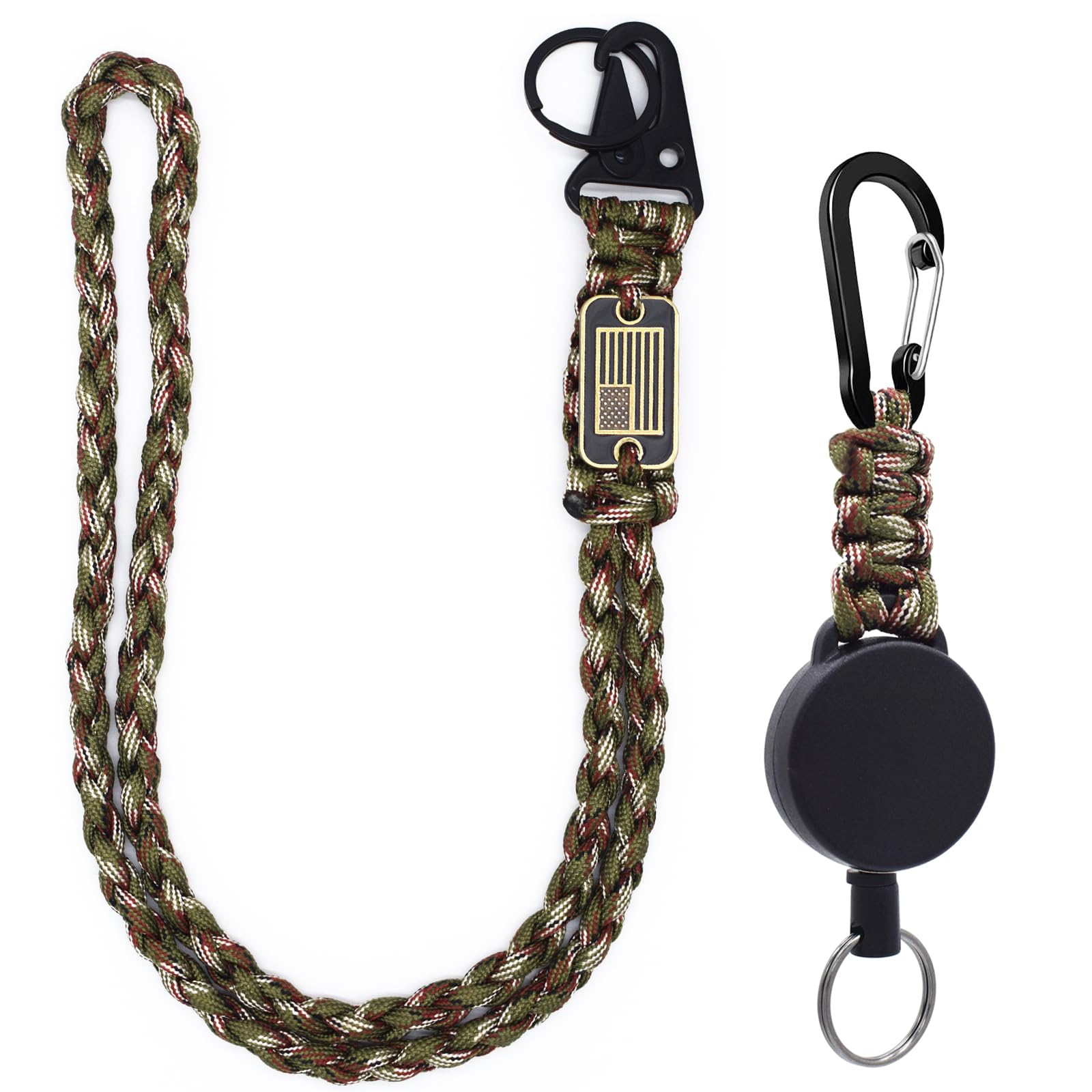 ZXKHYOR 2 Pcs Retractable Keychain, Heavy Duty Retractable Badge Holder Reel – Braided Paracord Lanyard with USA Flag, ID Badge Clip Reel & Parachute