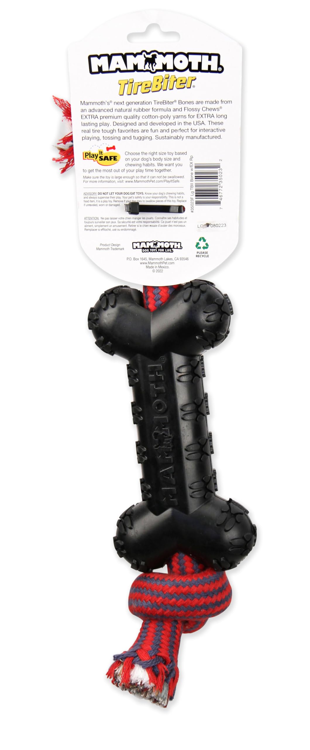 Mammoth Pet Products TireBiterII Hueso con cuerda extra de algodón y poliéster, juguetes de goma natural para perros masticadores extremos, juguetes masticadores agresivos para perros, grande de 15
