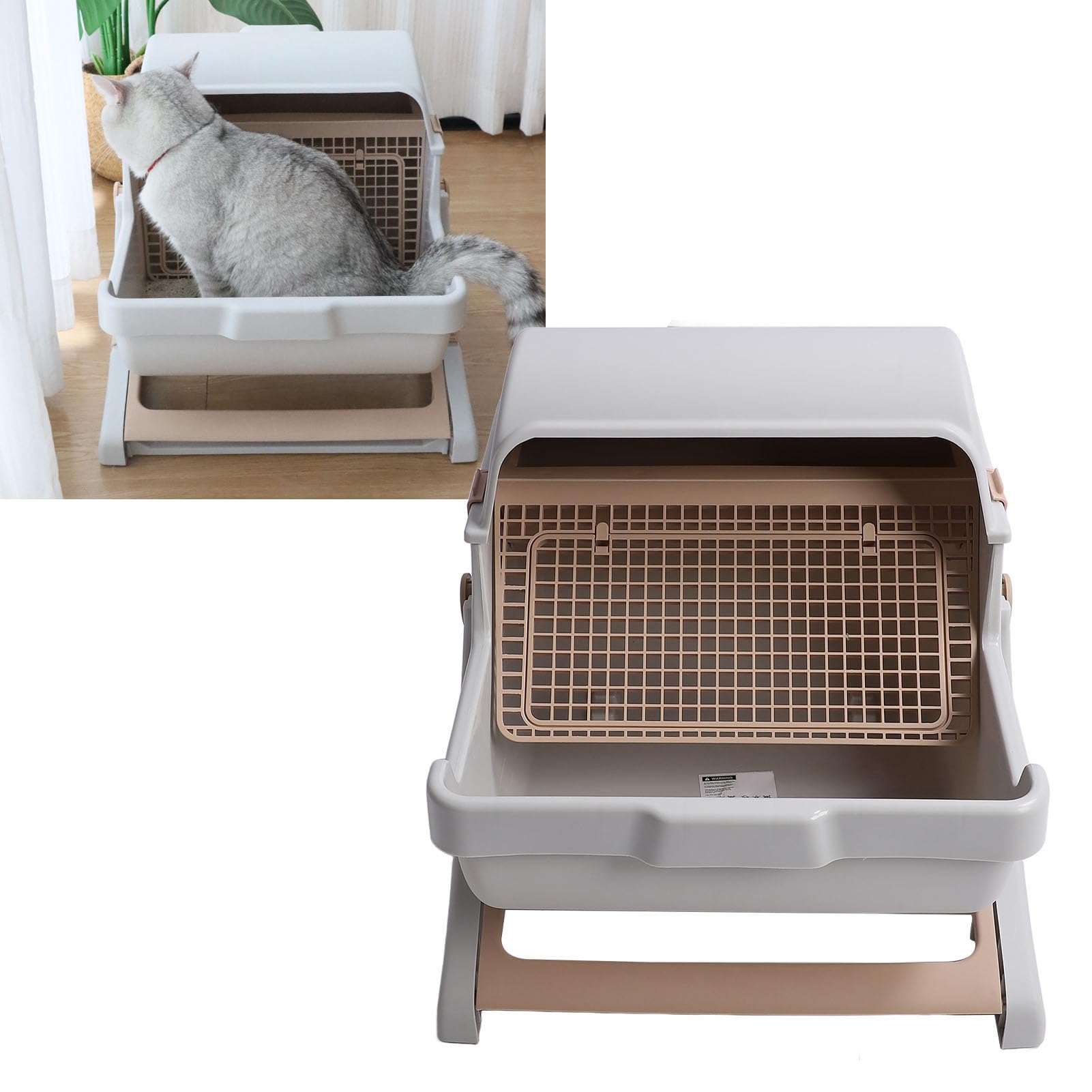 Lettoia per lettiera per gatti semiautomatica, vaschetta per lettiera grande e semi-chiusa per gatti, con design a prova di schizzi, facile da montare, in plastica, auto-pulente,