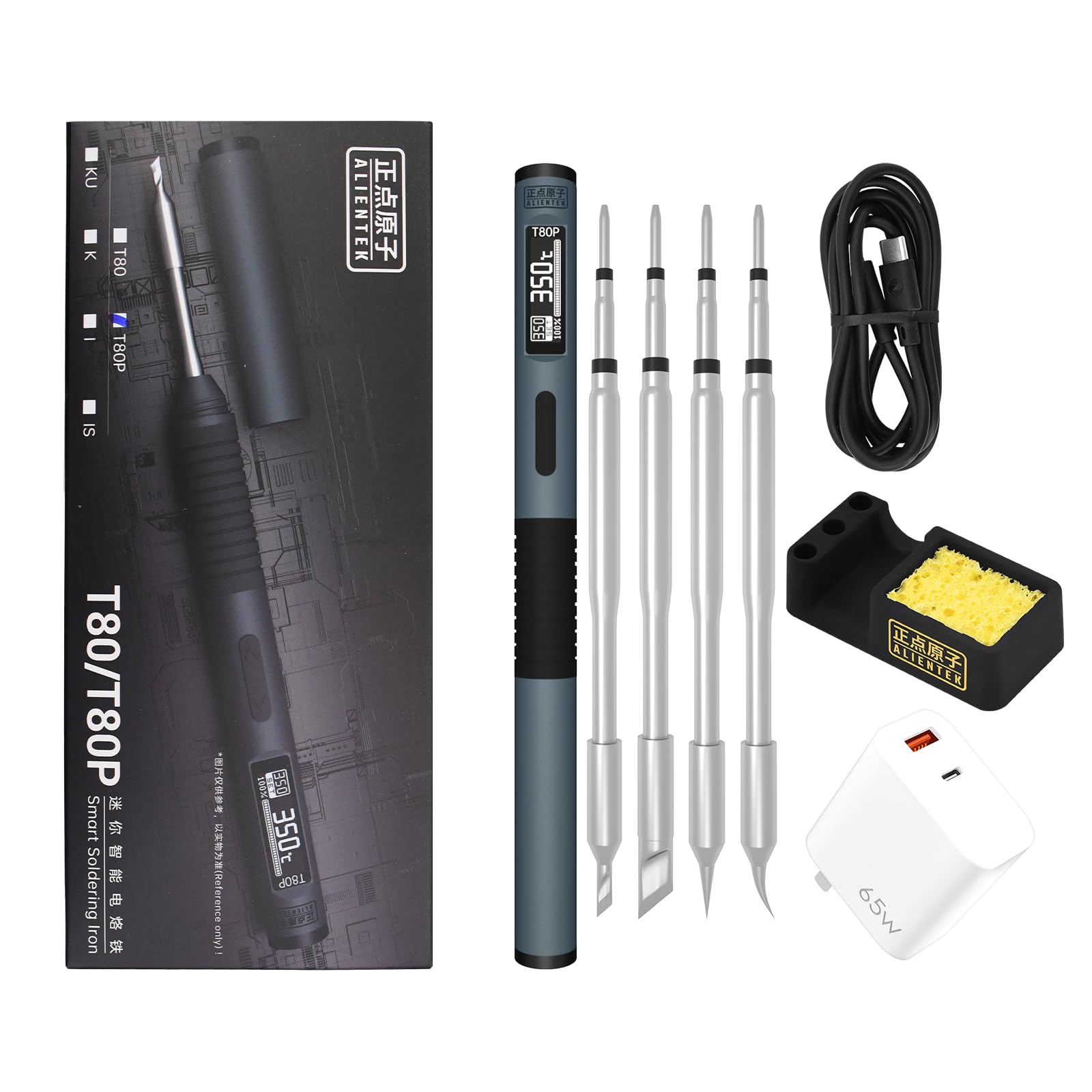 Kit de soldador, 100 W de calentamiento rápido T80/T80P soldador digital PD/QC, pantalla OLED digital portátil tipo C, apagado automático (T80P+C2C+4 puntas tipo PD 65W)