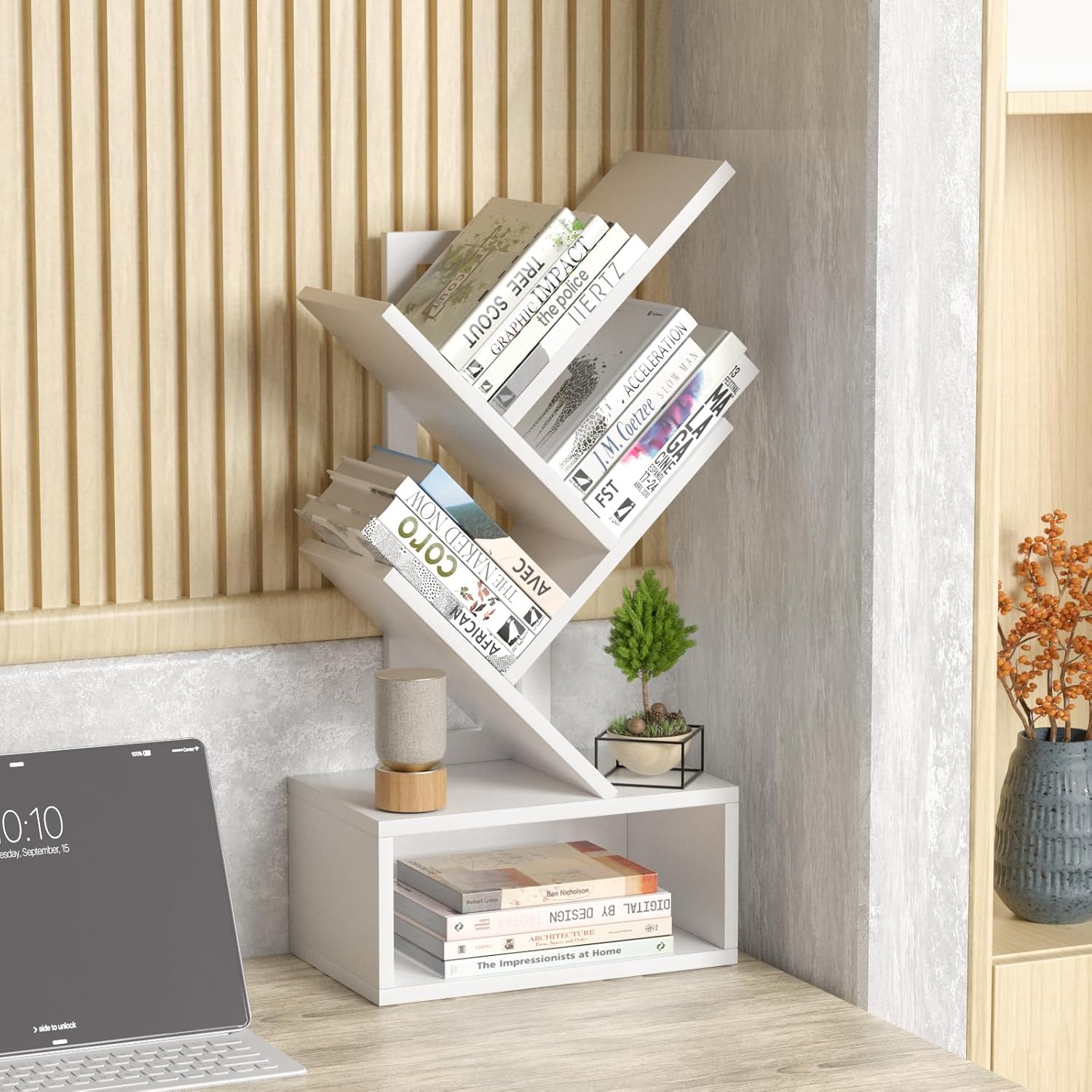 SHEEPAM Small Tree Book Shelf,5 Tier Black Tree Bookshelf,White Desktop Bookcase,Modern Desk Display Storage Bookshelves,Floor Standing Organizer Bookcases for Living Room,Bedroom,Office