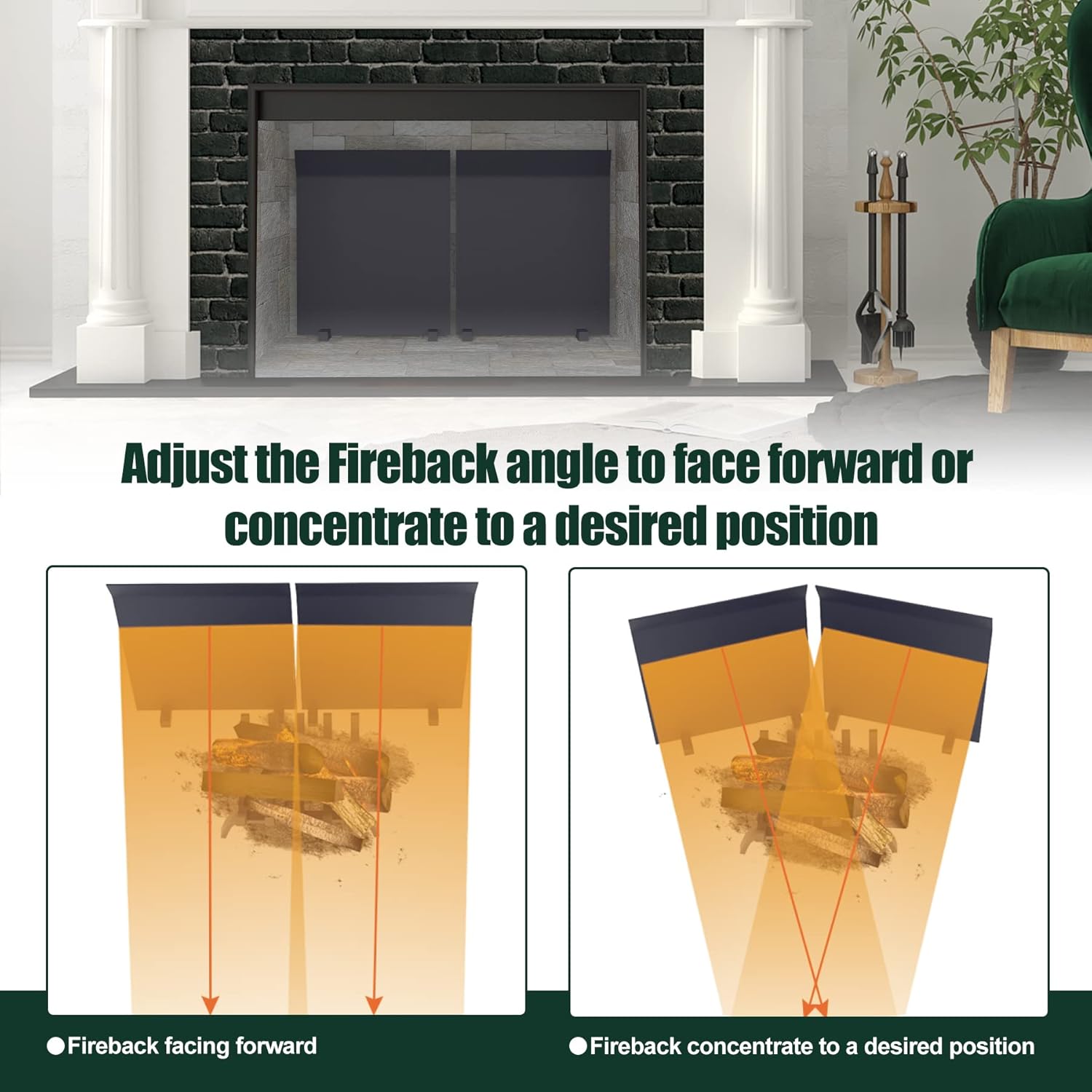 Flehomo Adjustable Fireback with Painted Black, Flexible Angle Fireplace Heat Reflect, Firebox Protection, Heat Shields, Classic Fireplace Decoration, 17 x 13 inch, 2 Pack, Max 26 inch Total Width