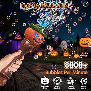Halloween Pumpkin Bubble Wand for Kids - 2 Pack Automatic Bubble Machine Blower Toys for Toddlers 3-8 with LED Lights, Music Function, DIY Stickers,10 Refill Solutions, Halloween Party Favors Gifts