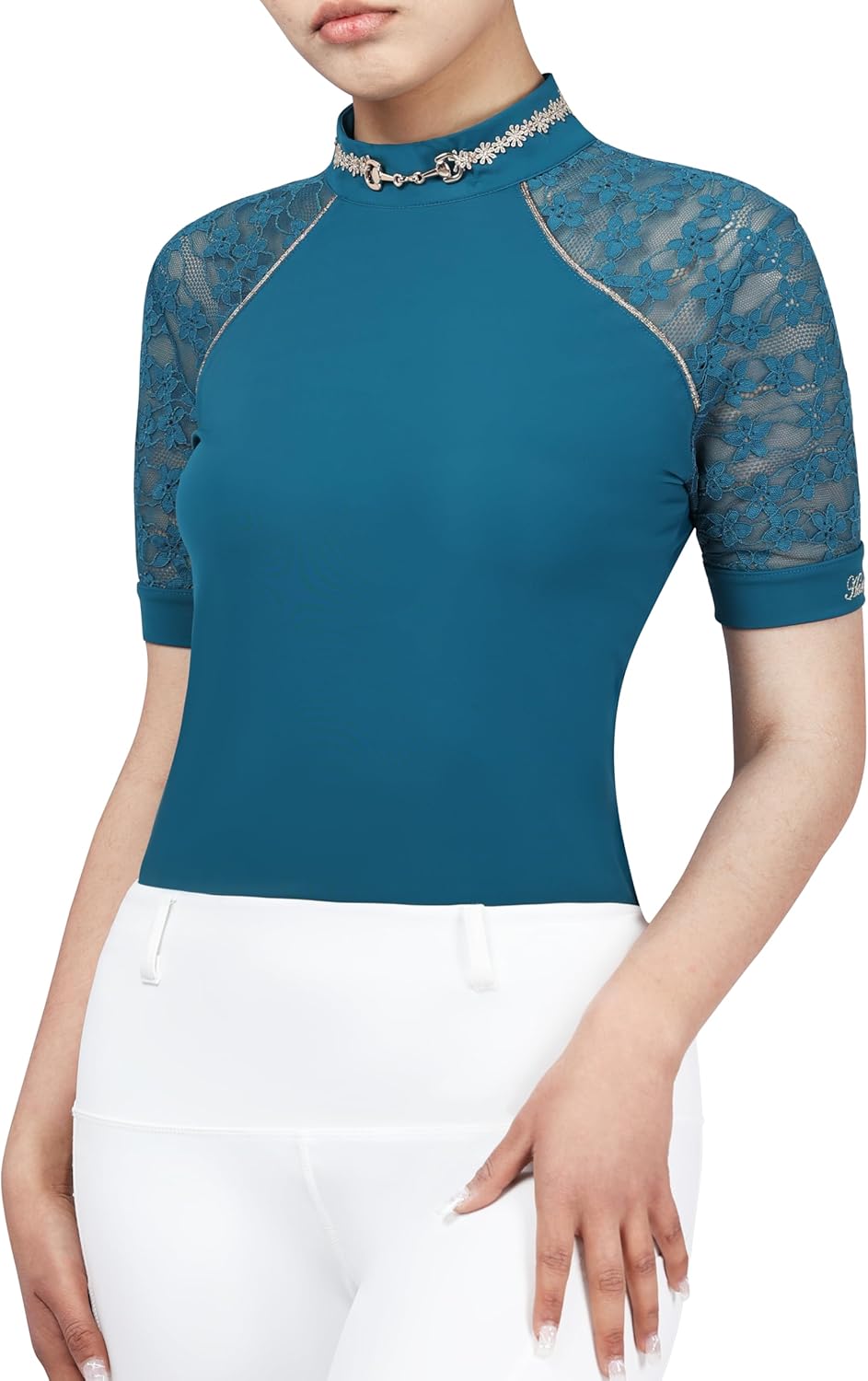 Harrison Howard Women's Slim Fit Show Shirt with Lace Sleeves and Iconic Bit Breathable Comfortable Rider Top