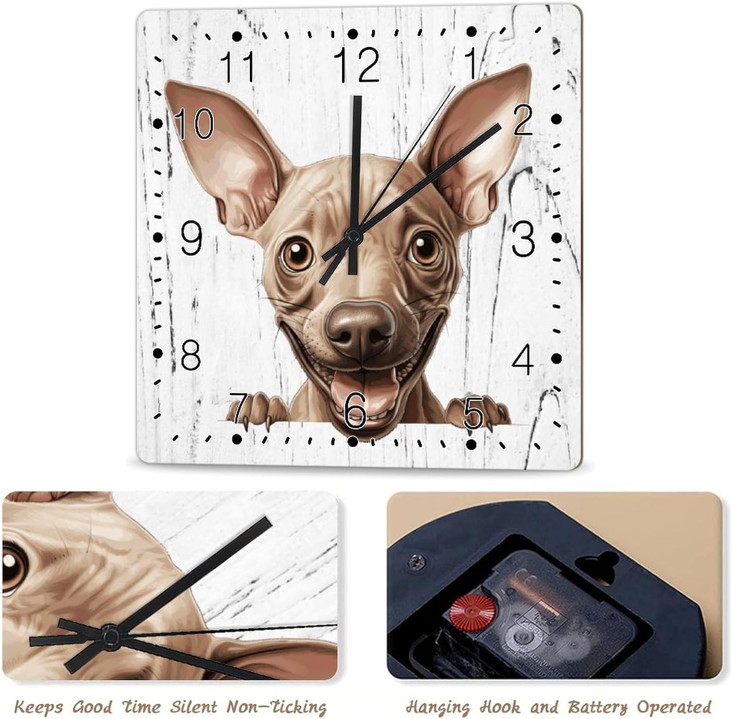 American Hairless Terrier Art Clock American Hairless Terrier Cute Funny Peeking Dog Puppy Wood Clock Battery Silent Wooden Decorative Clocks Dog Lover Gift Pet Wooden Clock 15x15in