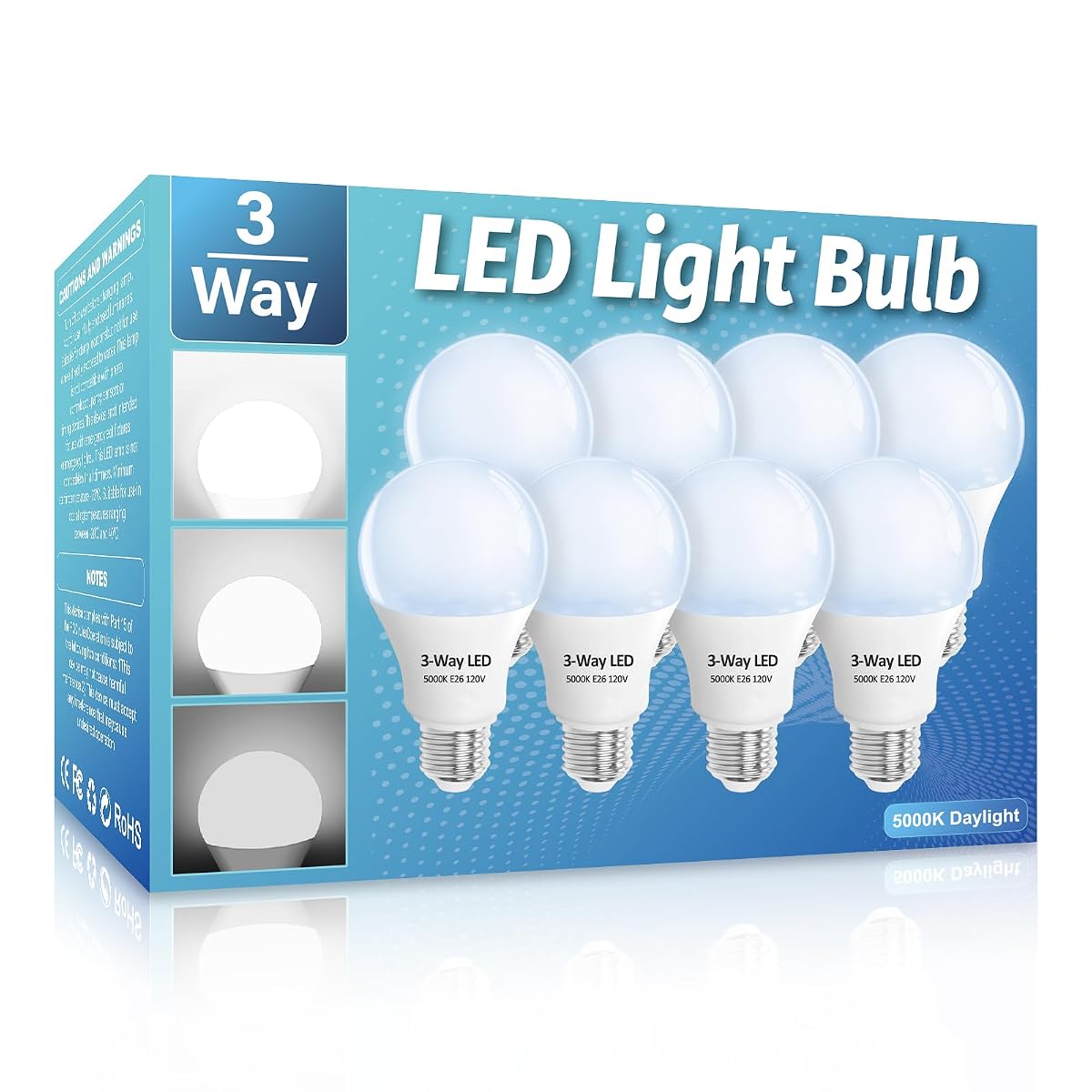 Wiyifada 3-Way Led Light Bulbs 8 Pack, 5000K Daylight, 100W Equivalent, A19