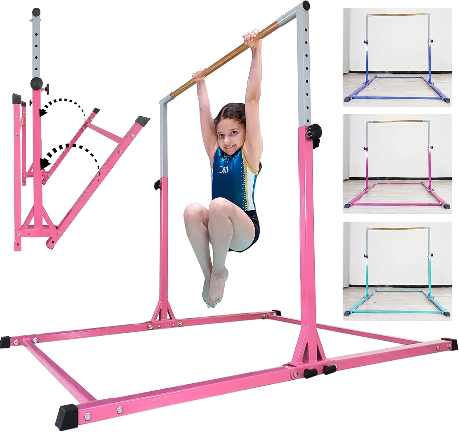 Seliyoo Foldable Gymnastic kip bar for Kids Ages 3-15 - Gymnastics bar,Base Length 5FT/6FT, Adjustable Height,Gymnastic mat,Gymnastics Equipment for Home,Weight Capacity 350 LBS Pink-without Mat 6FT with Two base connections