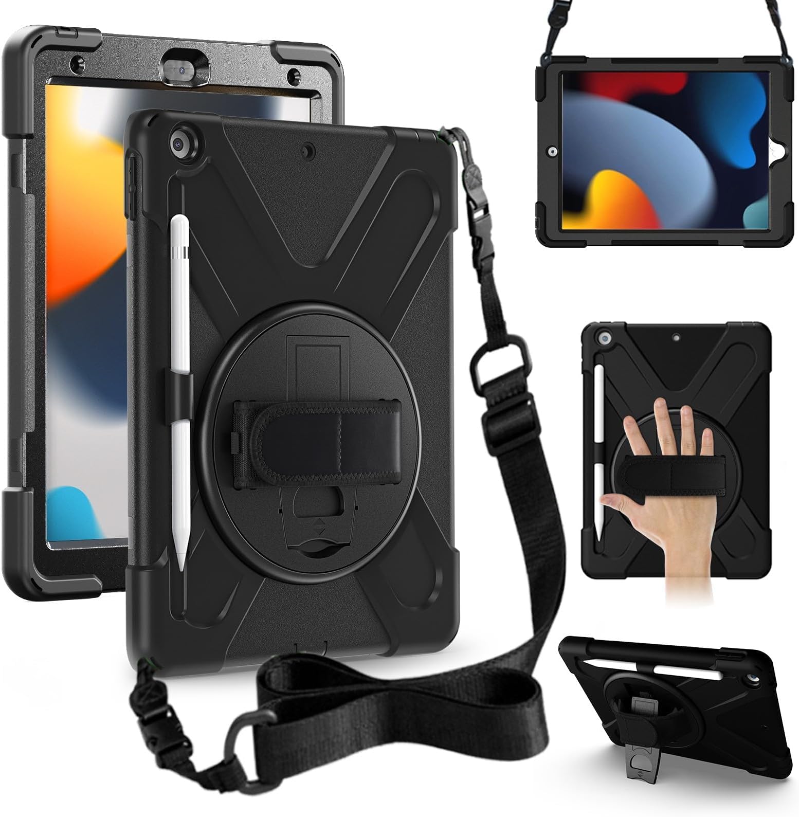 ZenRich Shockproof Case for iPad 9th/8th/7th Generation 10.2 inch 2021/2020/2019, Heavy Duty Rugged Case with Pencil Holder/360° Rotating Kickstand/Handle/Carrying Strap, Black