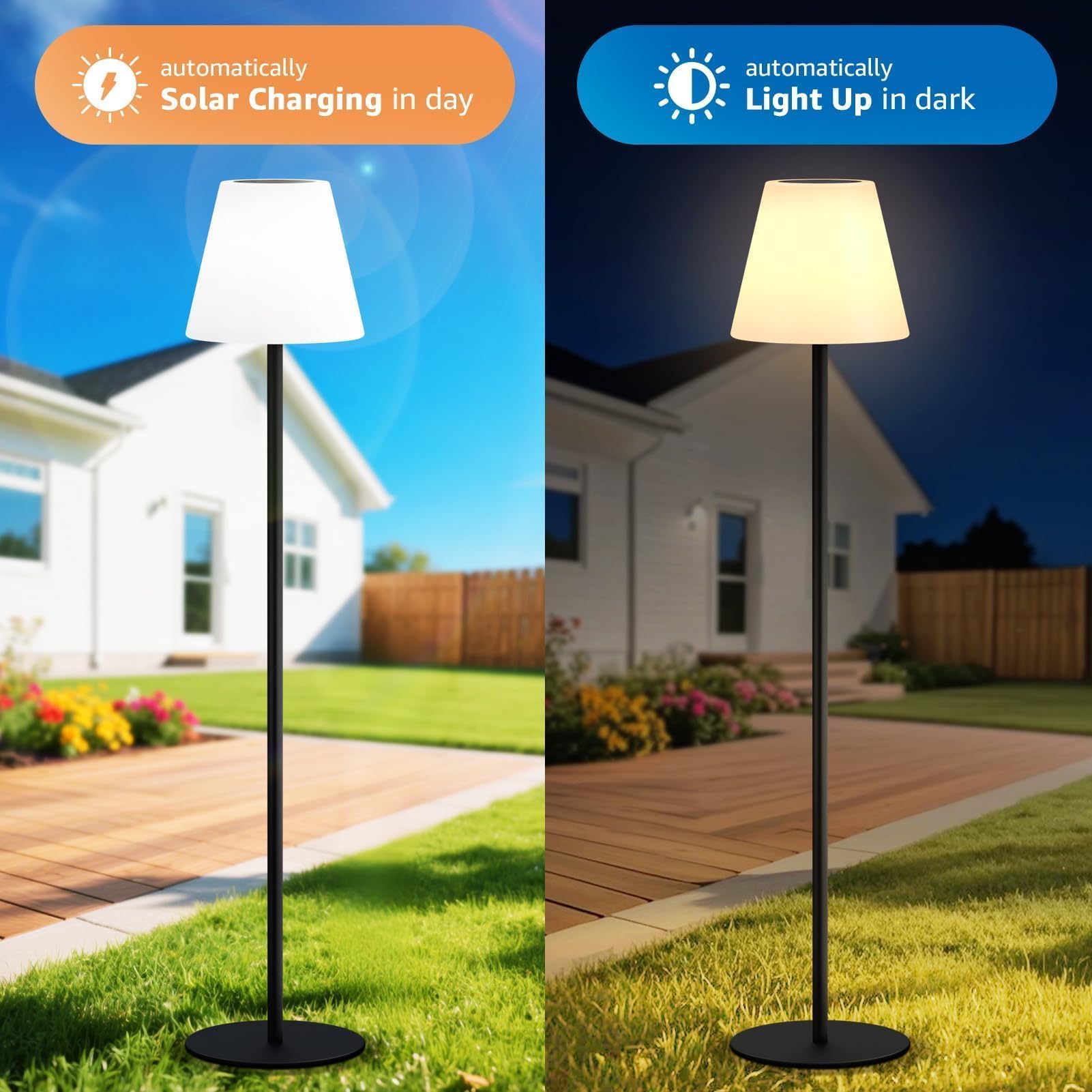 Lámpara solar de pie para exteriores, recargable por USB, inalámbrica, regulable, RGB de color blanco cálido, luces LED para patio, jardín, patio