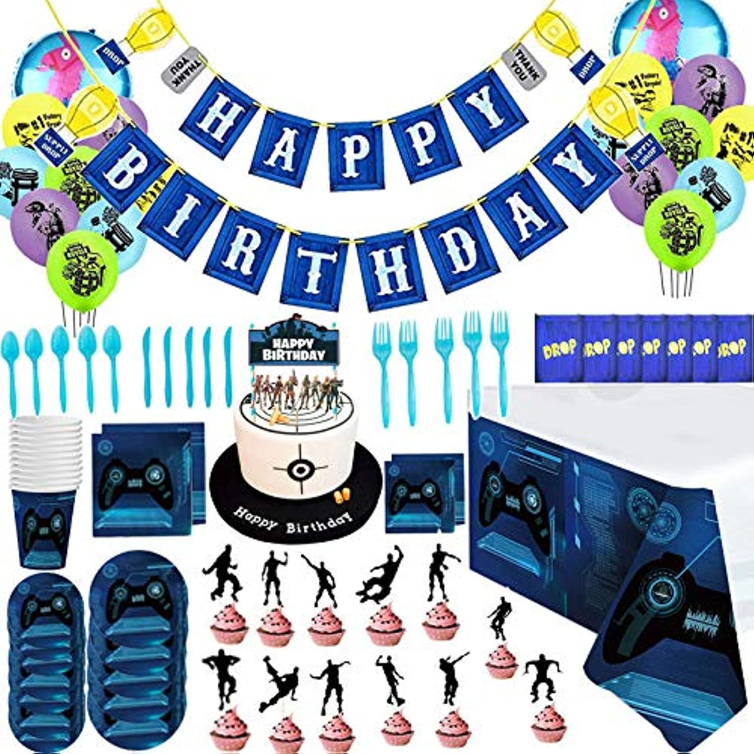shangpin 86 Pcs Fortnite Video Game Party Supplies Happy Birthday Cake Banners Topper Favors Foil Latex Balloons Video Gaming Party Theme Decorations Supply Kit for Adults, Teens Boys, Girls and Kids