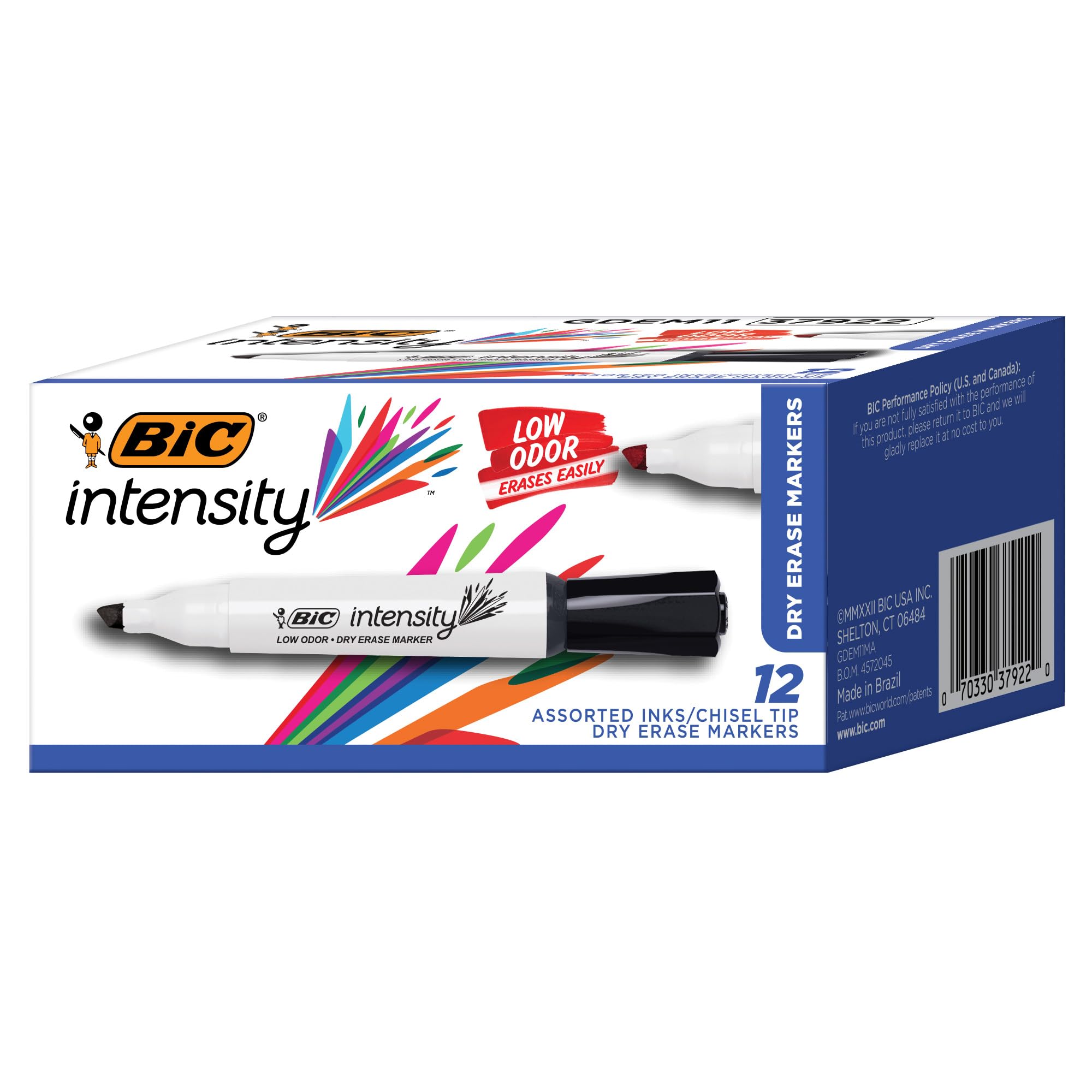 BIC Intensity Tank Pennarelli cancellabili a secco, punta a scalpello, colori assortiti, confezione da 12 (GDEM11MA-AST)