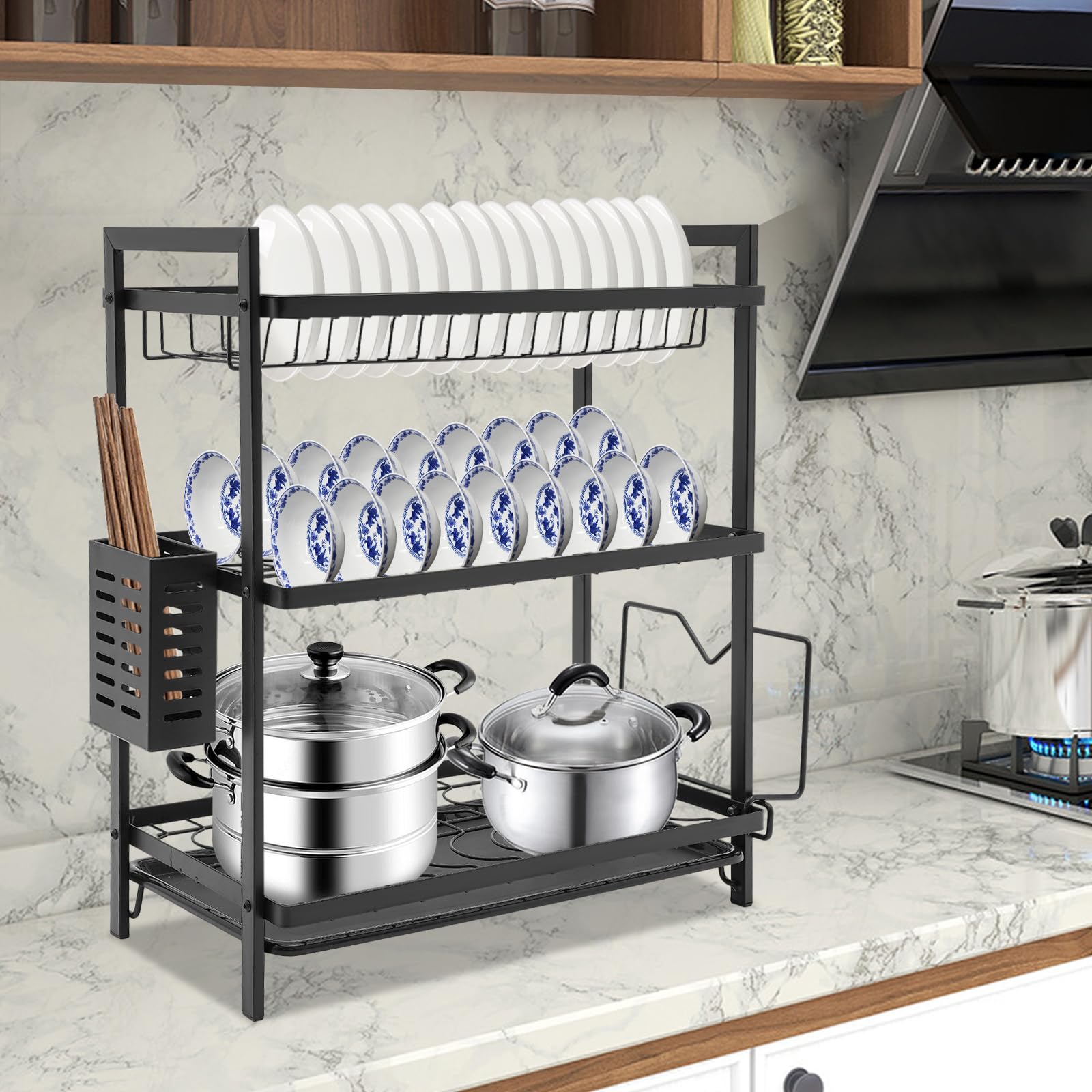 Escurreplatos de 3 niveles con soporte para utensilios y bandeja de goteo, escurridor de platos, escurridor de platos, organizador de cocina, 43,5 x 24,5 x 50 cm