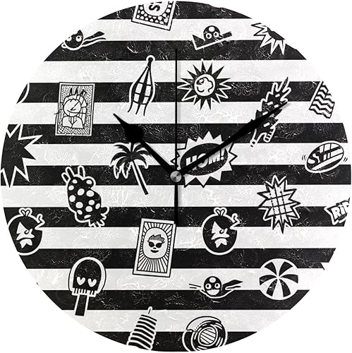 Black White Striped Retro Summer Cool 10 Inch Round Decorative Atomic Wall Clock Non Ticking Decor for Classroom School School reloj de pared para