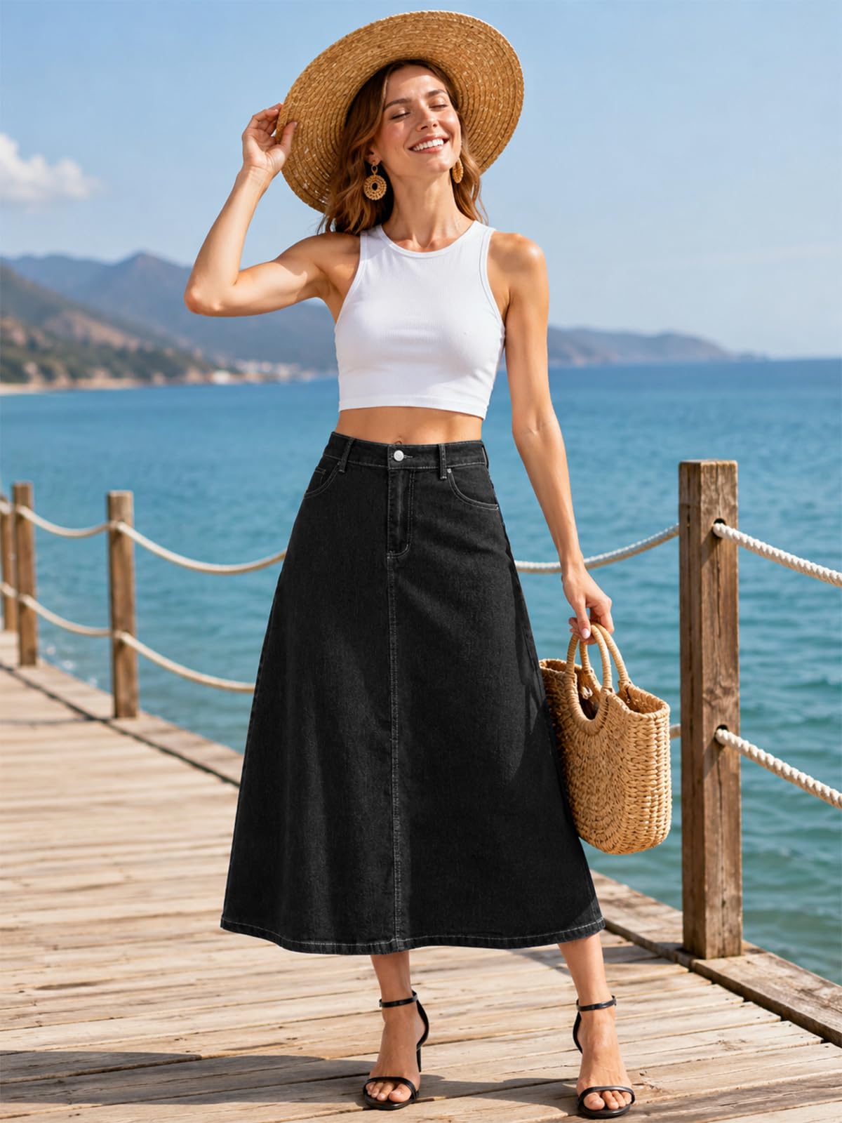 HOTIAN Langer Maxi-Jeansrock für Damen, A-Linie, dehnbar, hoch gewaschen, ausgestellt, Midi-Röcke mit Taschen