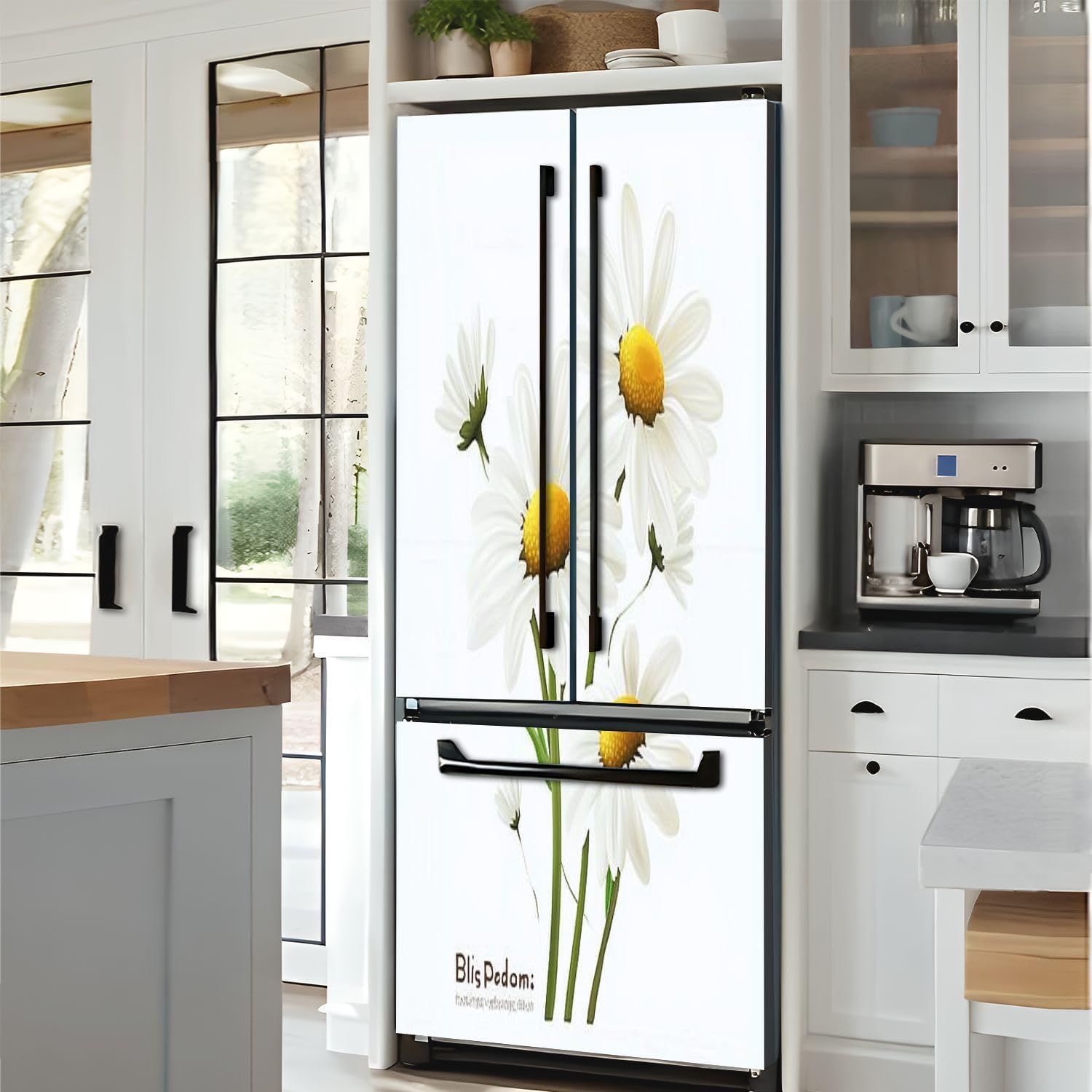 Self Adhesive Vinyl Refrigerator Wrap Daisy Flowers White Petals Yellow Middle Realistic Illustrations Door Mural Sticker Peel and Stick Removable Door Cover Fridge Wrap Decal for Kitchen Decor