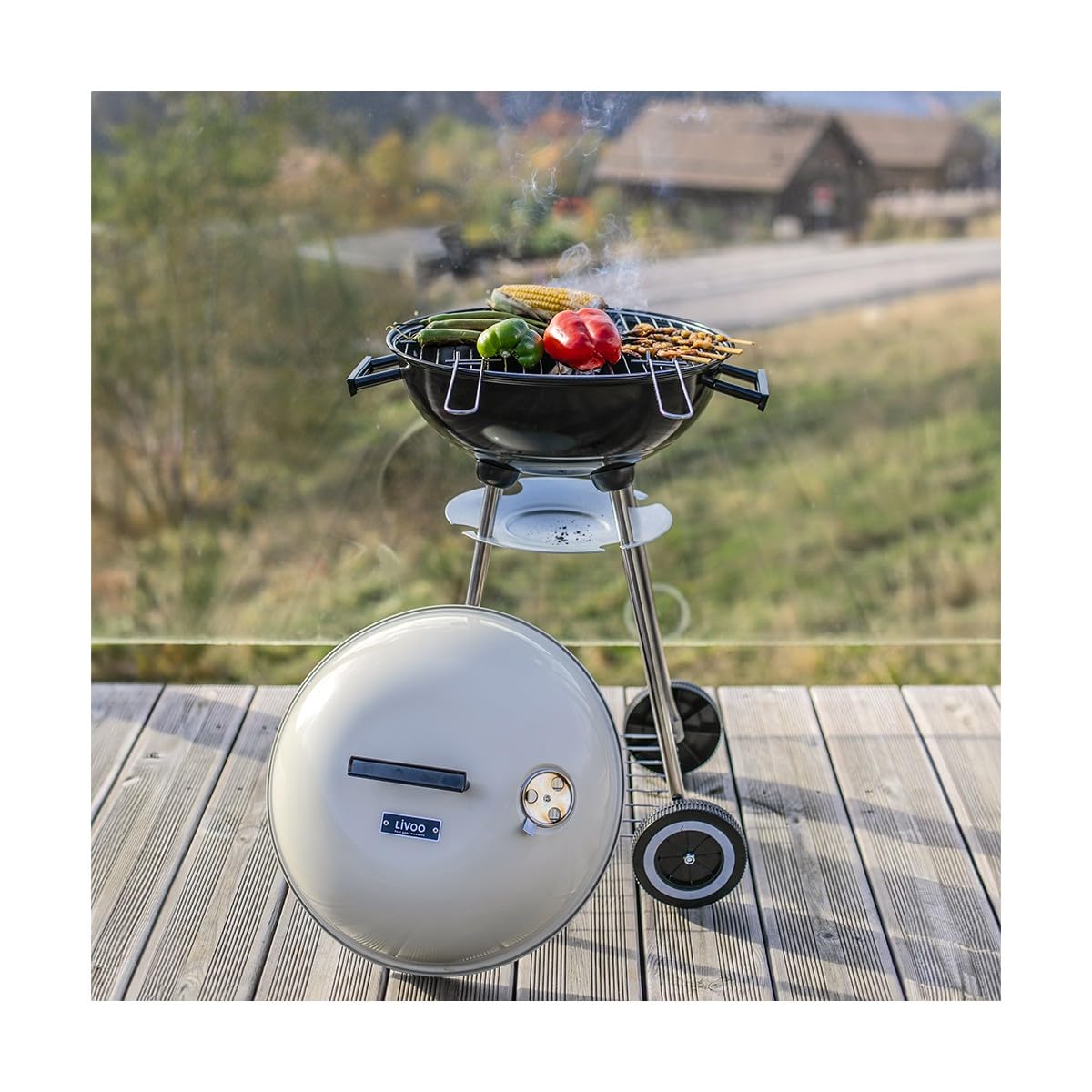 Livoo Grill węglowy DOC172C - Ø 41 cm, stal chromowana, wysokość 69,5 cm, zawór wentylacyjny, kratka magazynowa, pojemnik na odpady