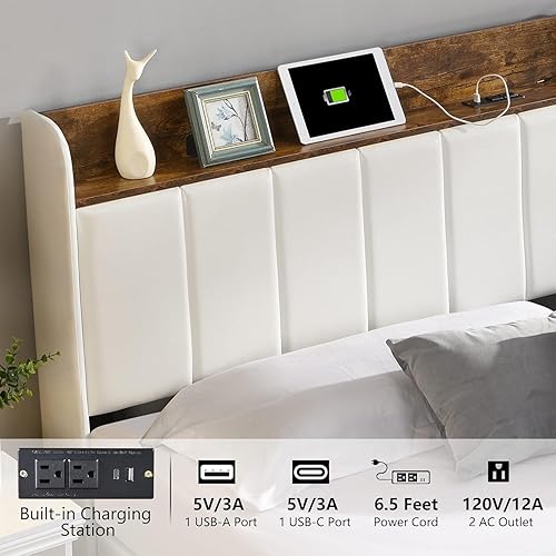 Miniatura 3 de Base de cama Queen con cabecera y estación de carga, base de cama de plataforma tapizada con 2 cajones de almacenamiento, soporte de listones de