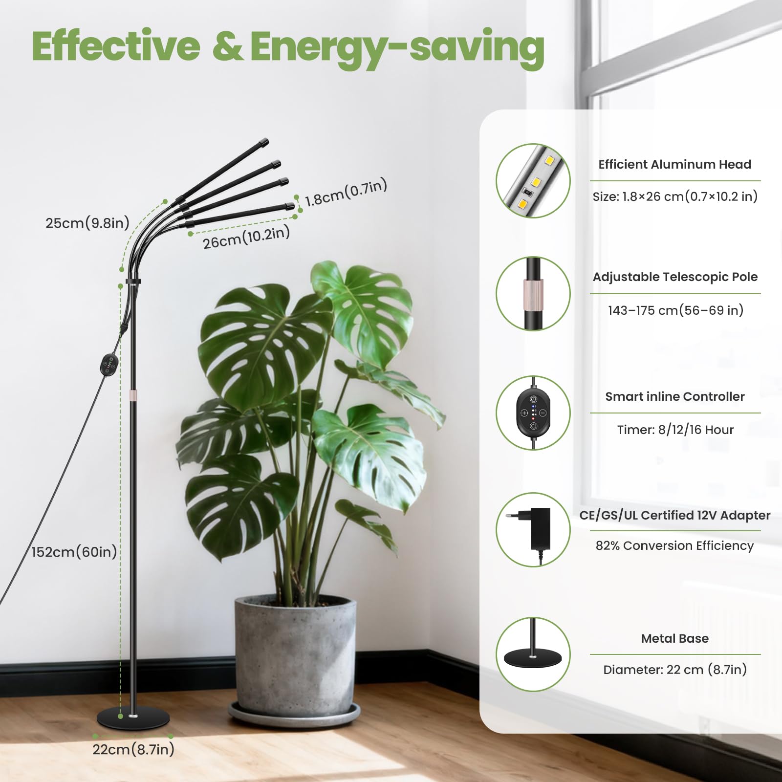 Lampe de culture pour plantes sur pied 12V, spectre complet renforcé 660nm LED avec minuterie 8/12/16H, compatible prise connectée & reprise automatique, intensité réglable, 20W