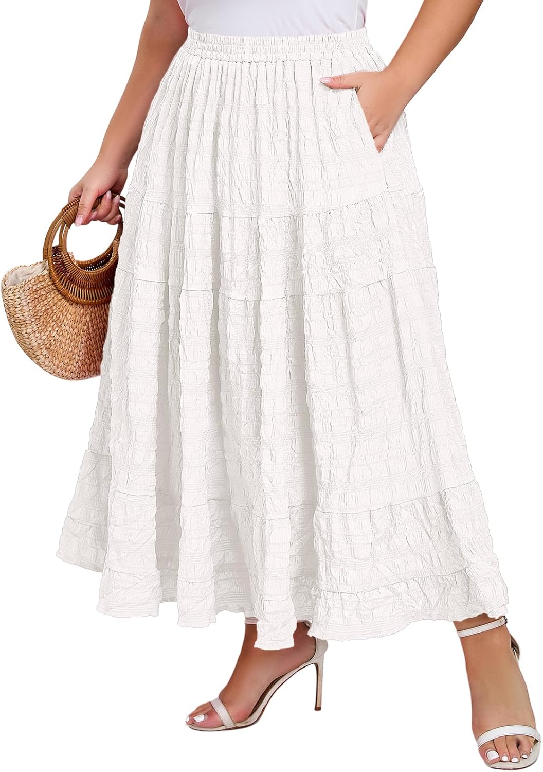 Moon Wood Women's Plus Size Tiered Maxi Skirt Elastic High Waist A-Line Flowy Long Skirts with Pockets