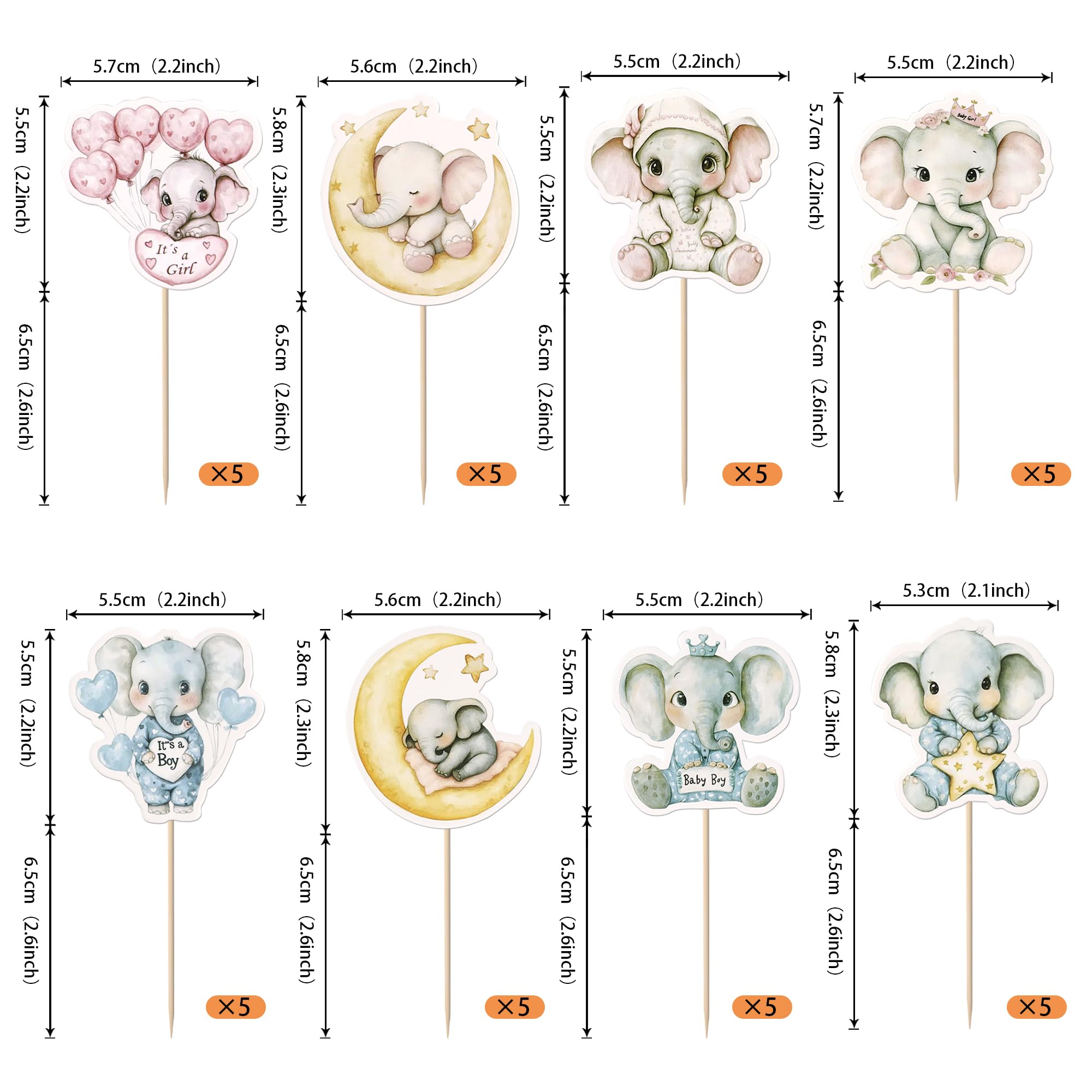 Xsstarmi 40 Pack Baby Elephant Cupcake Toppers Balloon Star Moon Cupcake Picks Pink or Blue Cake Decorations for Gender Reveal Theme Baby Shower Kids Birthay Party Cake Supplies - Image 2