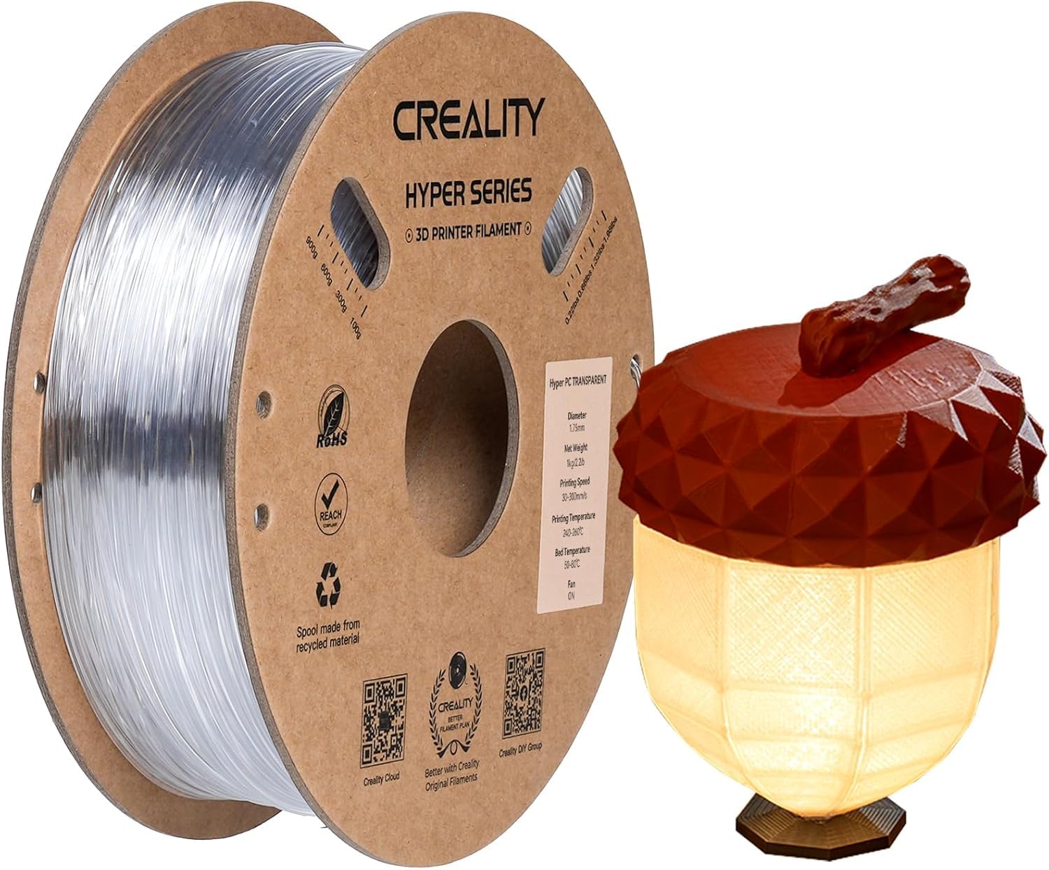 Creality Filamento per stampante 3D, filamento ad alta resistenza al calore, trasparente, facile da stampare, bassa deformazione, bobina da 1 kg, trasparente