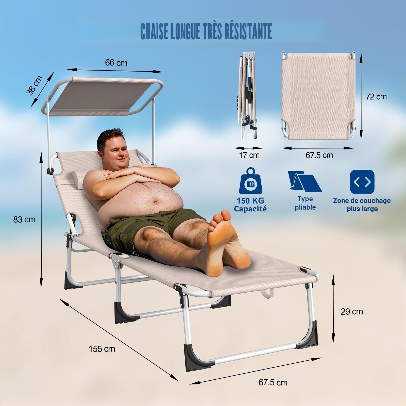Chaise Longue Bain de Soleil Pliable avec Poche Latérale, Pare-Soleil 360° Ajustable, Transat Extra Large 68 cm, Dossier Inclinable et Appuie-Tête, pour Jardin-Plage-Camping, Tissu Oxford 600D, Kaki