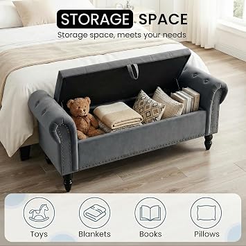 Clevich Storage Bench 133cm, Velvet Indoor Footstool, 70 L Sofa Bench