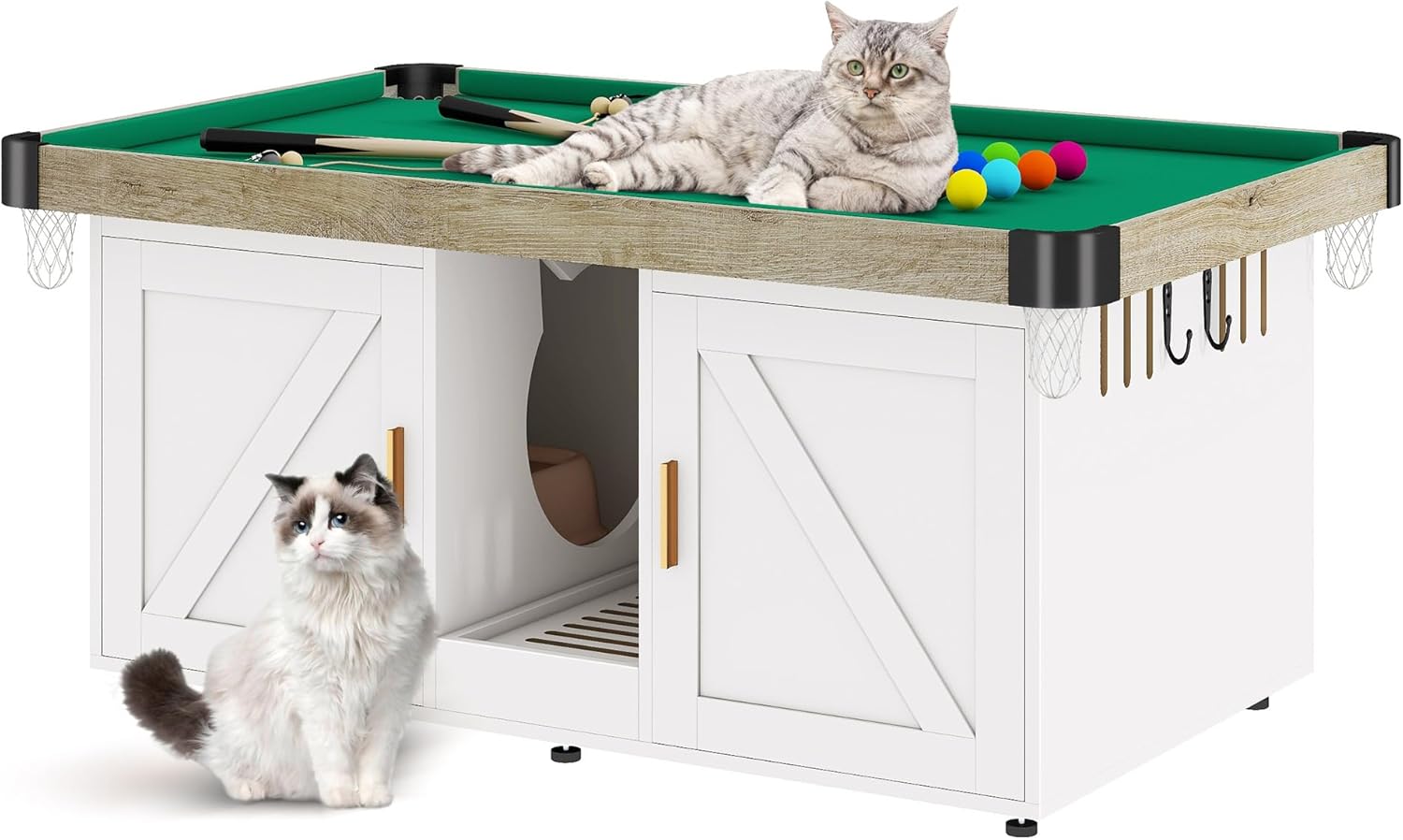 Cat Litter Box Enclosure with Game Area, Wooden Litter Box Furniture for 2 Cats, 42'' Cat Washroom with Barn Door, Indoor Pet House, Fit Most of Litter Box, White