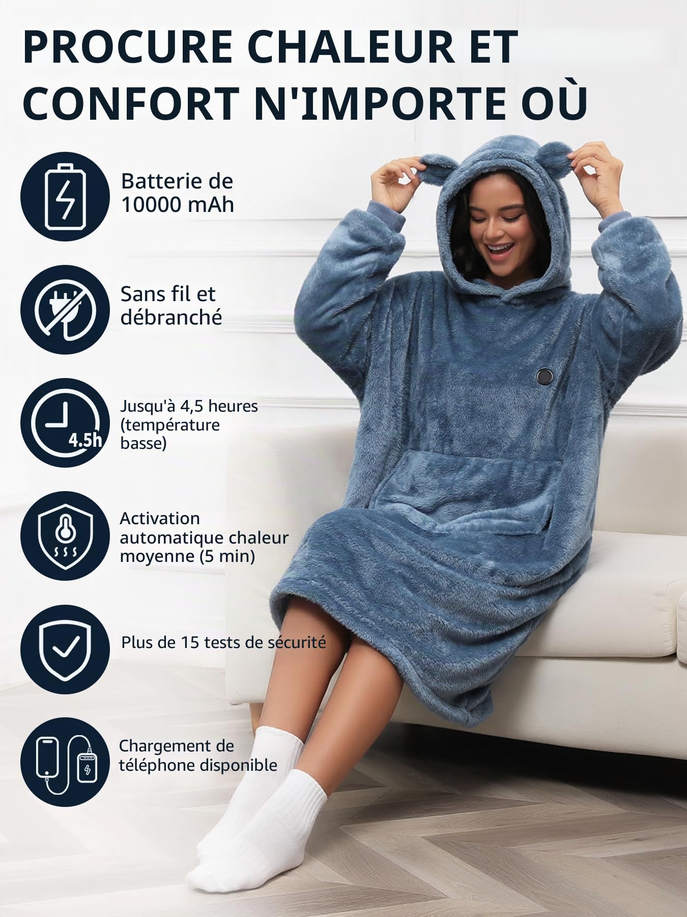 Couverture à capuche chauffante avec manches,avec batterie,10000 mAh,cadeau pour femme,couverture portable à enfiler sans fil flanelle,Sweat à Capuche Couverture,Cadeau de Noël pour petite amie 75x110