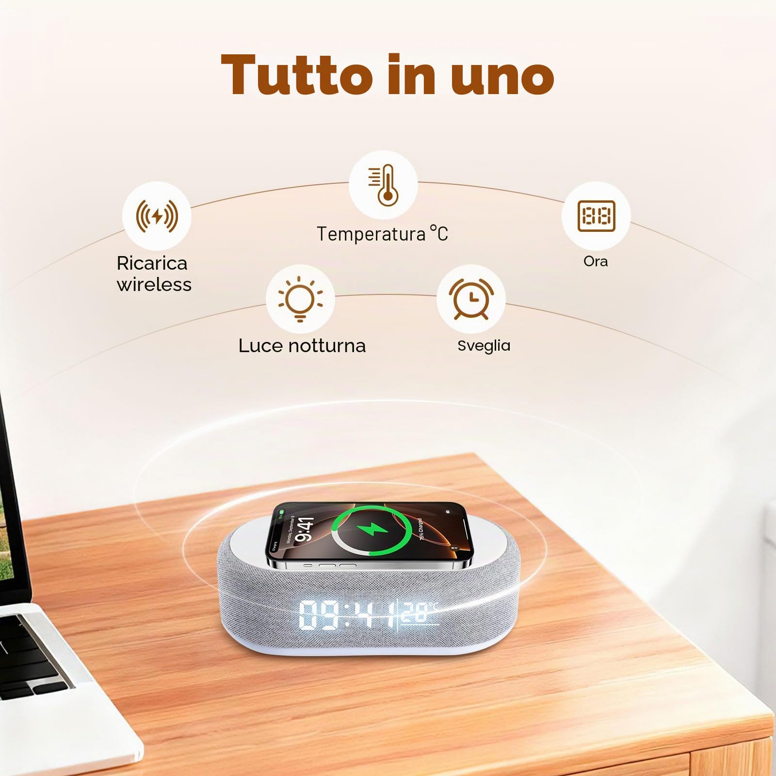 4 In1 Sveglia Digitale, Caricatore Wireless, Sveglia intelligente con orologio, termometro e luce LED, luminosità regolabile