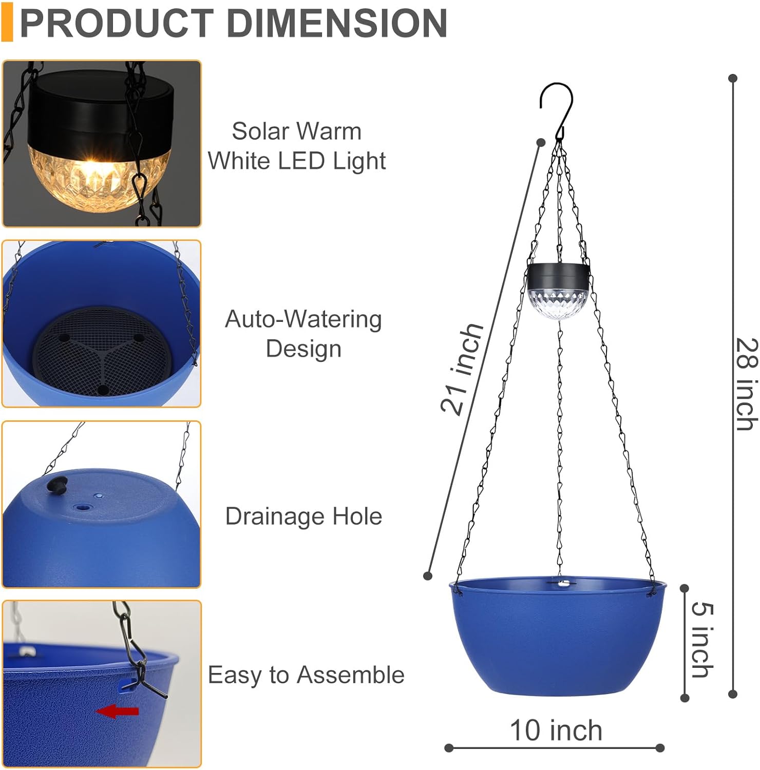 SUNNYPARK 2 Packs Hanging Planters Basket for Outdoor Plants, Solar Powered Self Watering Blue Round Plastic Flower Pots with Drainer for Balcony Patio Garden Outdoor Decoration