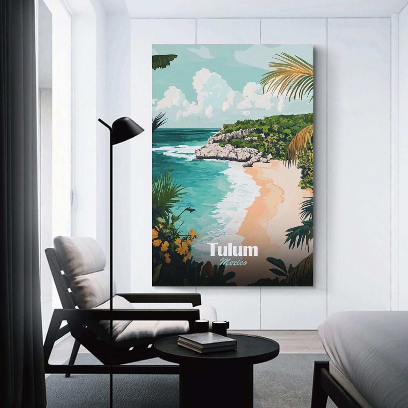 Junmoney Tulum Mexico Beach Landscape Illustration Canvas Wall Decor 24x36inch(60x90cm), for Corridors, Hallways Or Apartment Entries, A Stylish Accent for Home Entrances