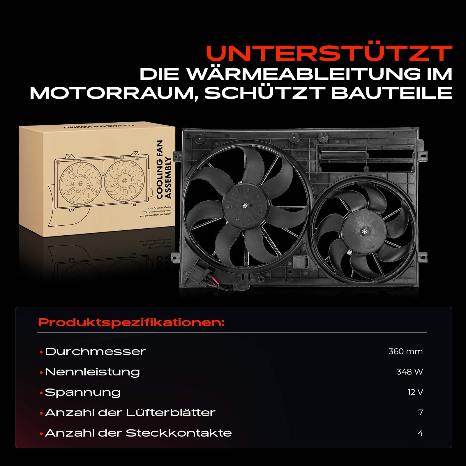 Frankberg Lüfter Motorkühlung Kühlerlüfter 362mm Kompatibel mit A3 8P1 1.2L-3.2L 2003-2012 Golf VI 5K1 1.2L-2.0L 2008-2013 P.a.s.s.a.t 3C2 1.4L 2009-2010 Replace# 1K0959455DT