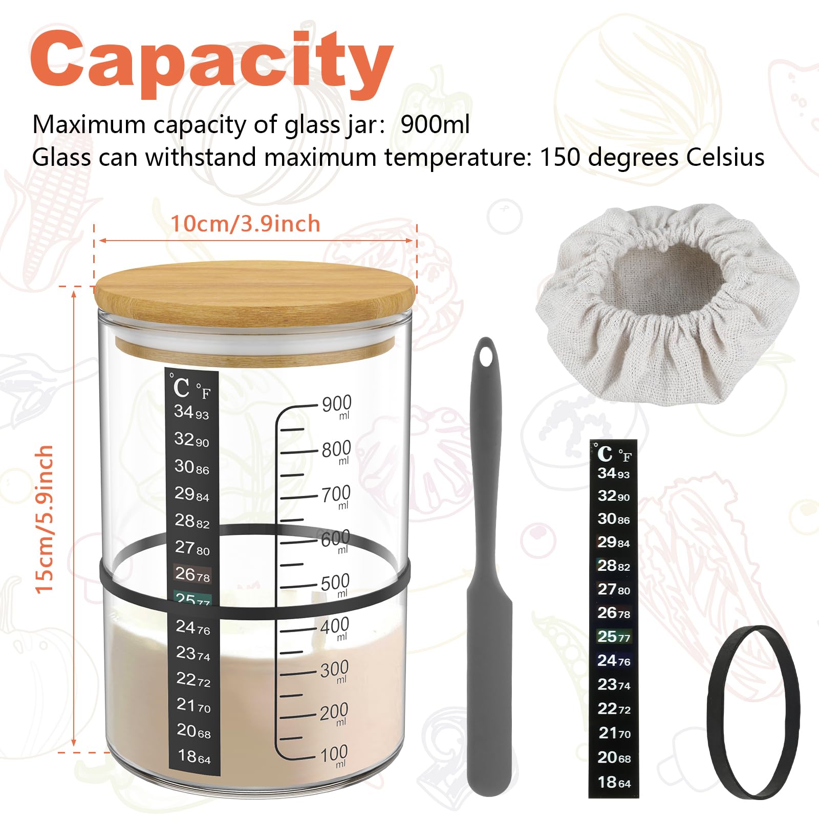 ZLHETWT 7Pcs Glass Sourdough Starter Jar Kit with Scale Thermometer Paper Temperature with Wooden Lid Cloth Cover Resistant Sourdough Starter Container Fermentation 900ml