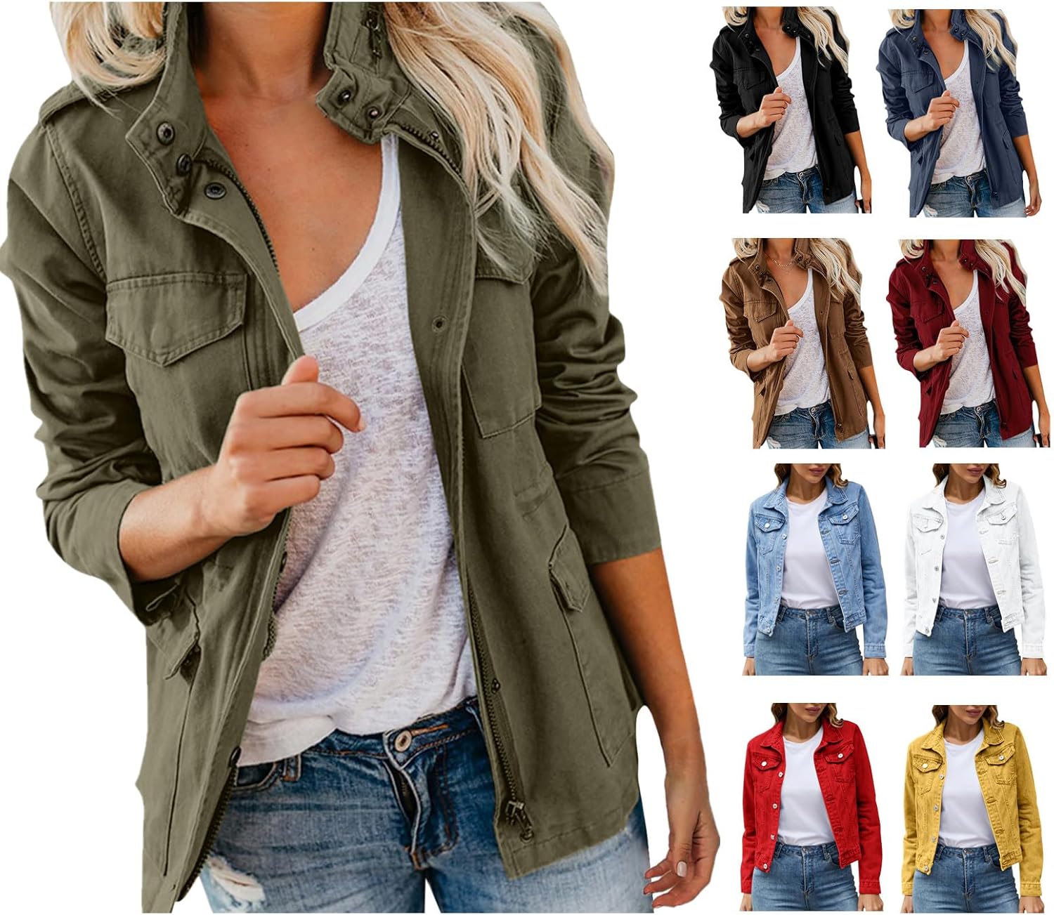 Women Military Anorak Jackets Zip Up Snap Buttons Parka Utility Coats