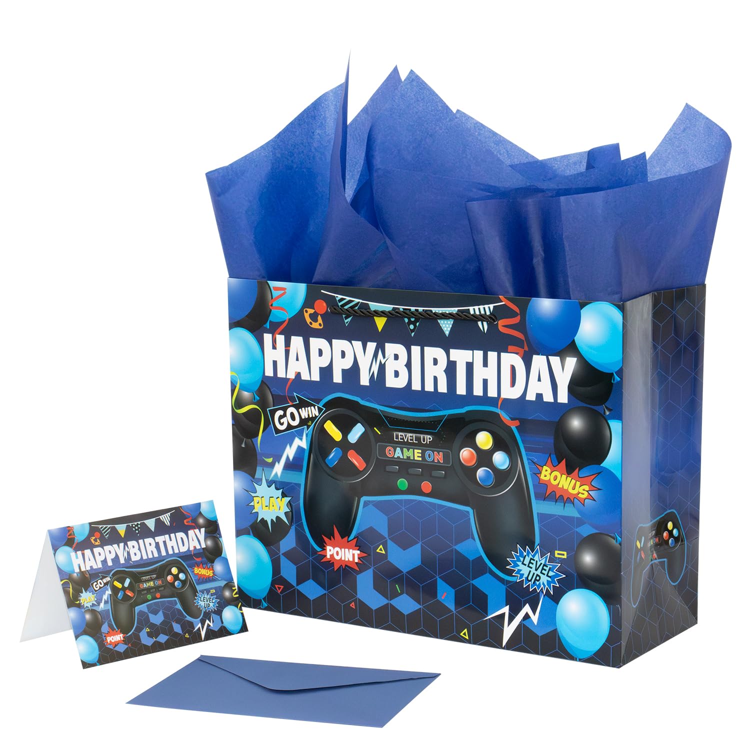 Ranfashiong 13" Large Blue Boy Birthday Gift Bag with Tissue Paper and Card,for Kids Party Supplies (Video Game Design)