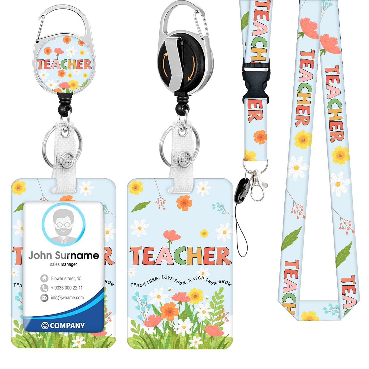 BUDUOZHI Lanyard with ID Holder Teacher Badge Holder with Retractable Reel Clip Badge Reel Heavy Duty with Carabiner Clip Card Name Tag Lanyard