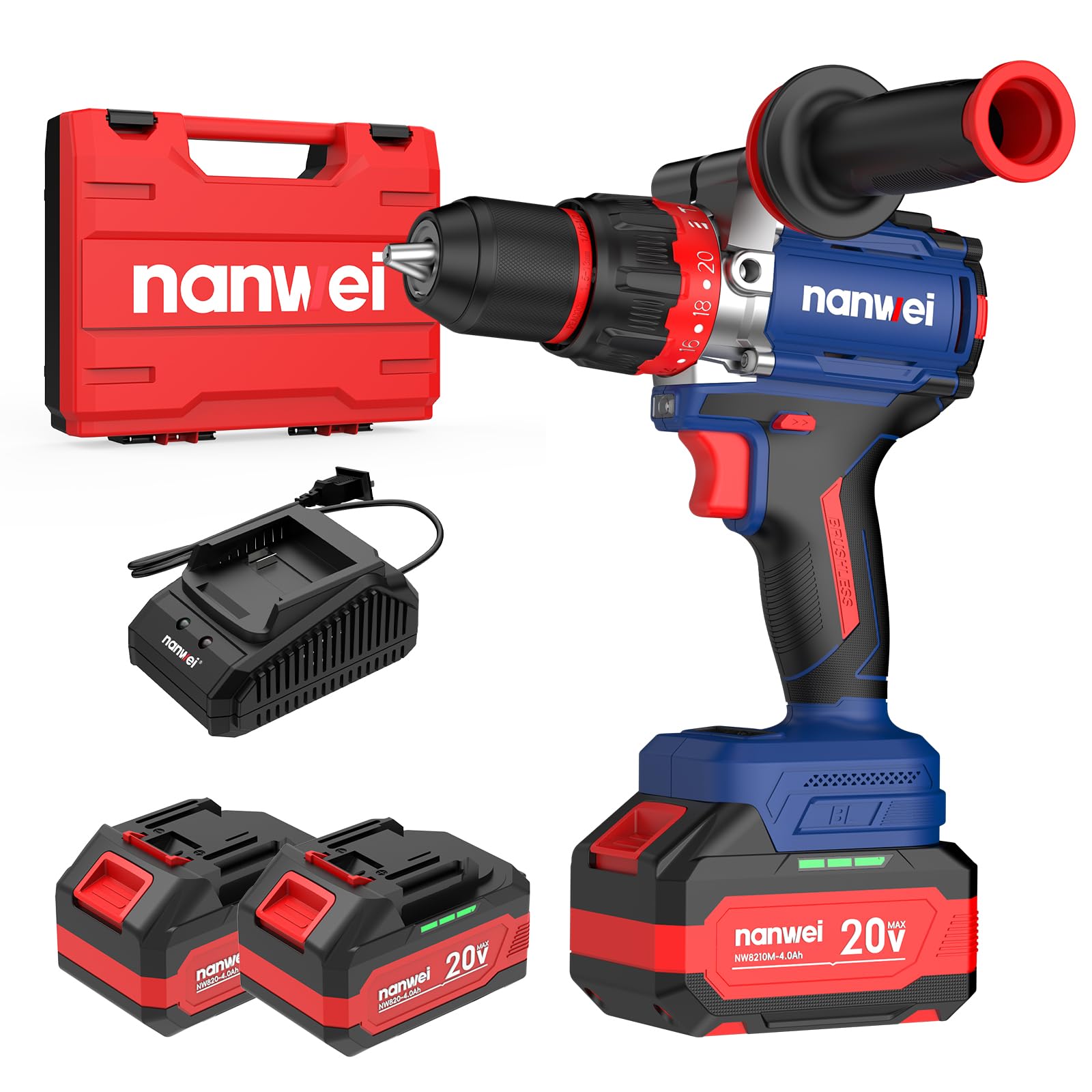 NANWEI Hammer Drill NW-D8217C with 2x 4.0Ah Batteries