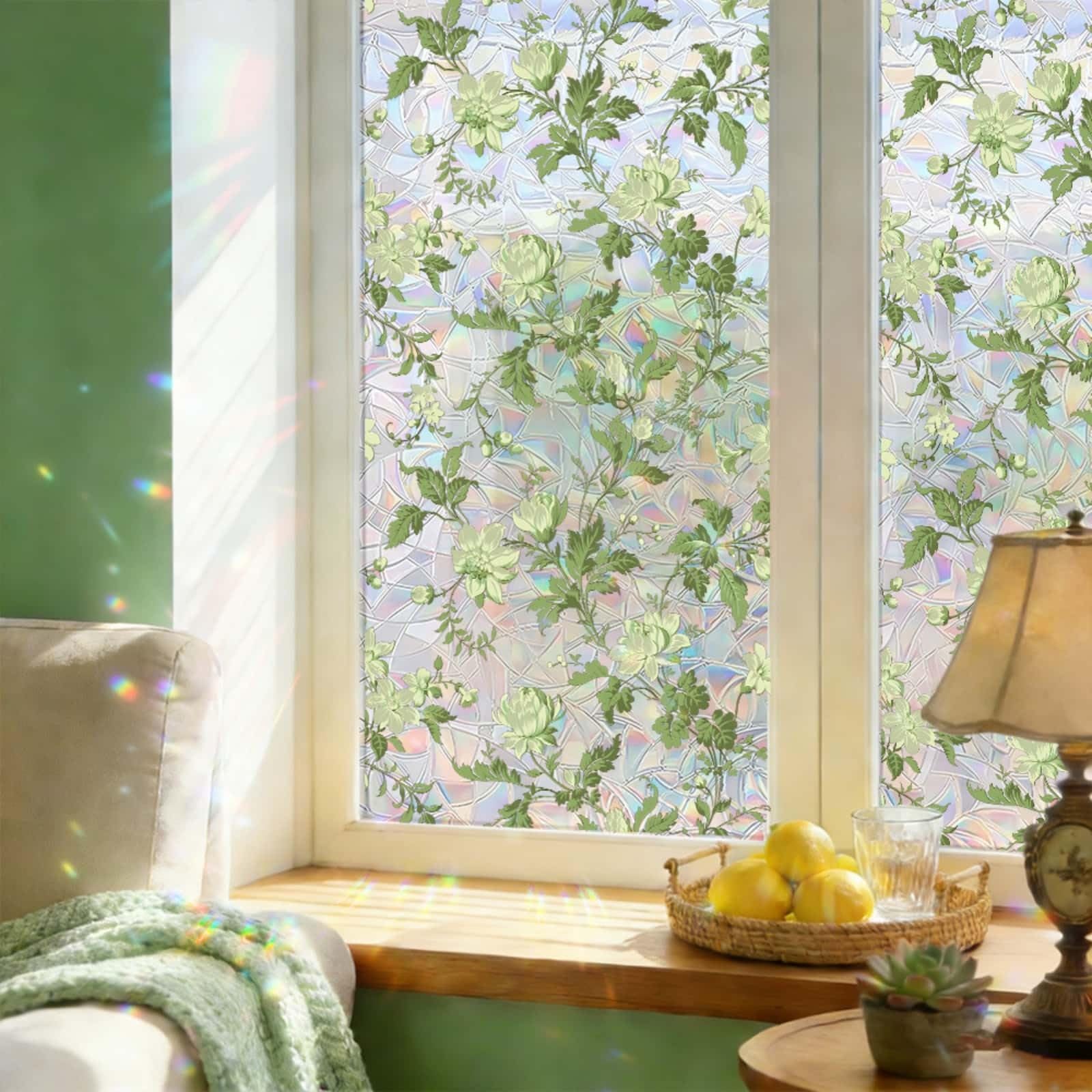 Window Film Privacy 43x100cm Green Flowers Privacy Film for Glass Windows Office Kitchen Living Room Bathroom Opaque Reusable Window Stickers for Glass