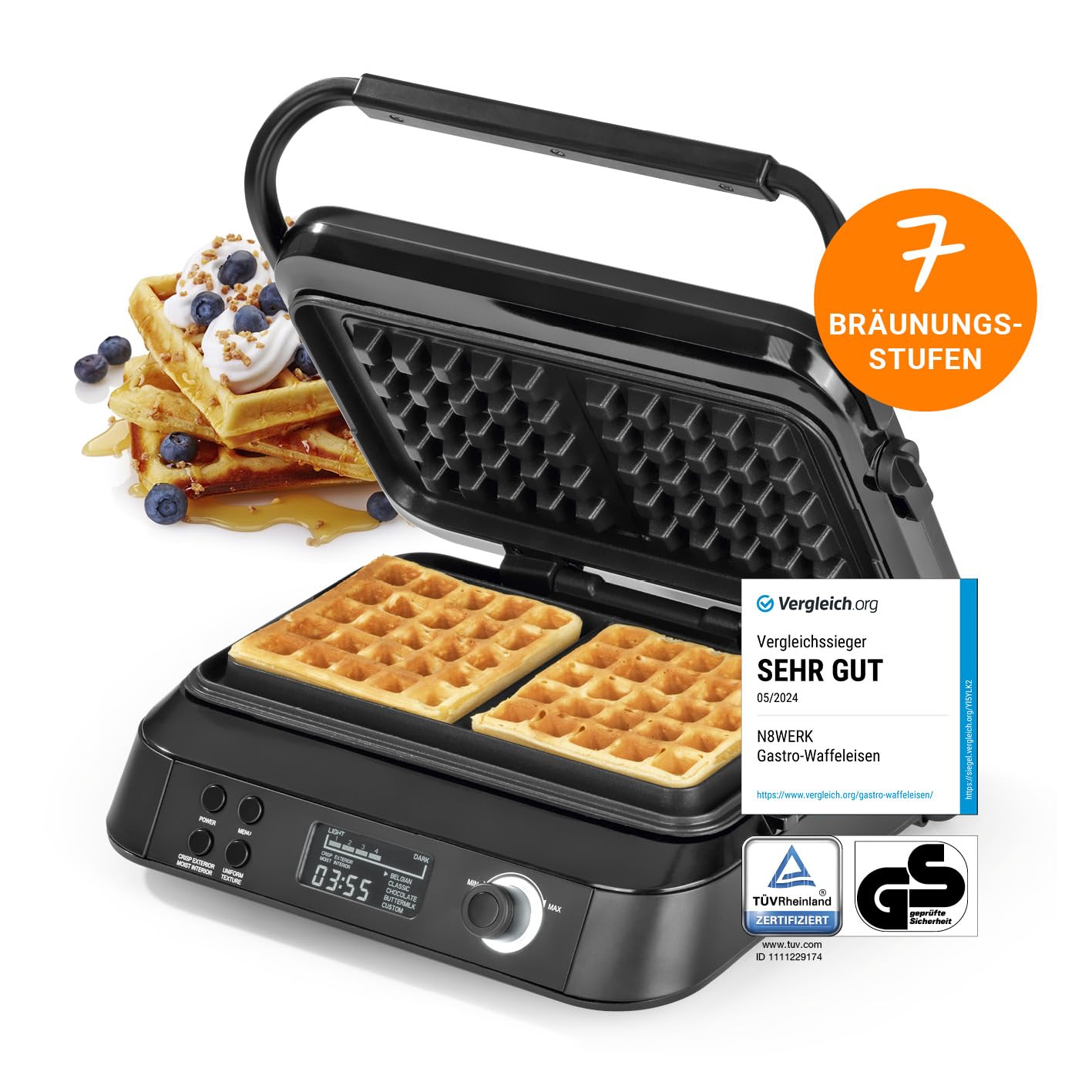 Premium Waffeleisen für Belgische Waffeln | Starke 1.600 Watt, doppelte Heizelemente, 5 Programme & 7 Bräunungsstufen | LCD Display, Timer, extra tiefe Heizplatten für besonders luftige Waffeln