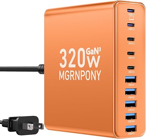 Miniatura 7 de Bloque de Cargador USB C de 320W, Estación de Carga de 10 Puertos USB C GaN III PD 65W Adaptador de Carga Rápida para Laptop para MacBook Pro/Air