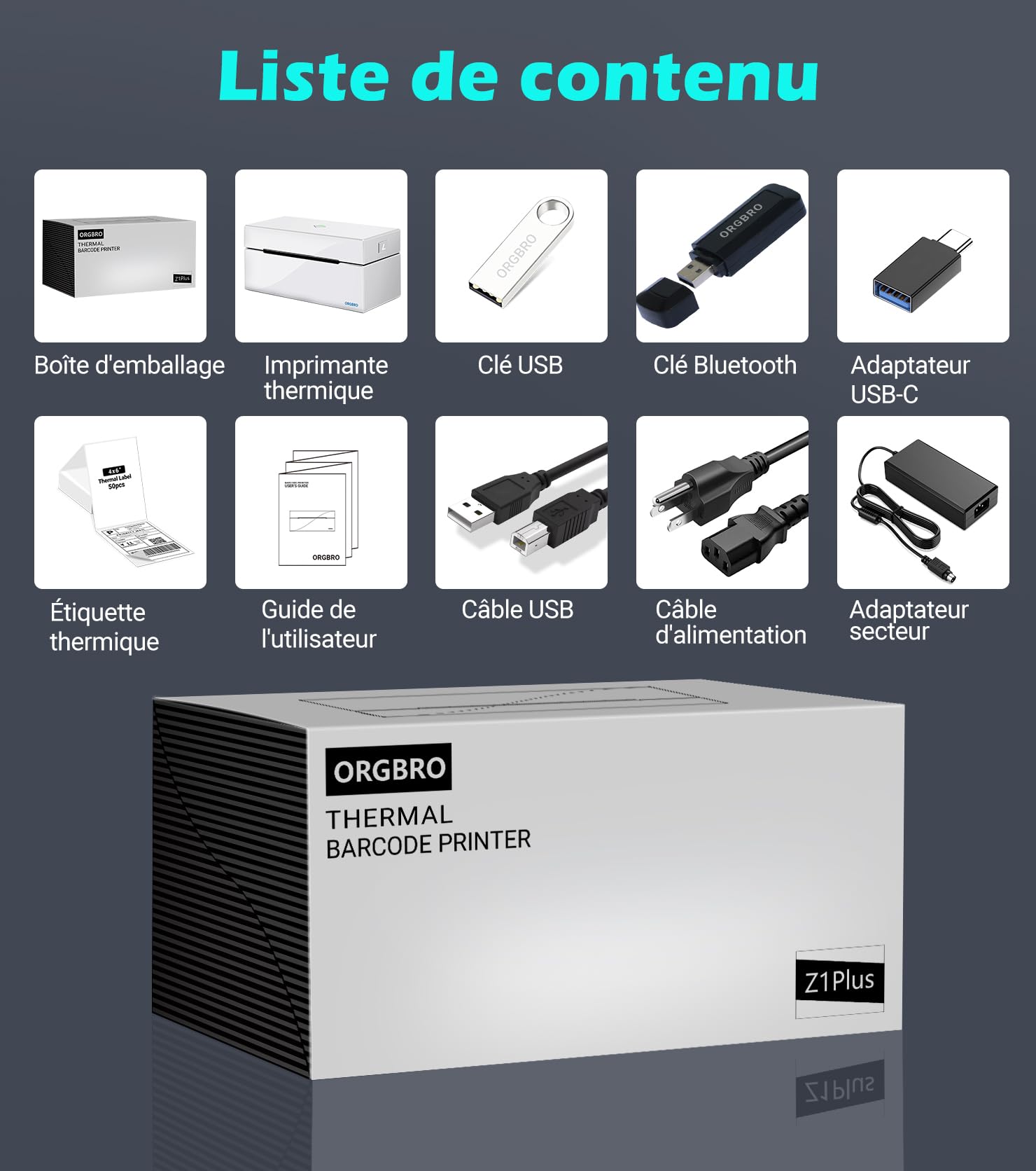 ORGBRO Z1 Plus Imprimante Thermique Bluetooth 4x6 Étiquettes Expédition Compatible Amazon eBay Shopify Blanc