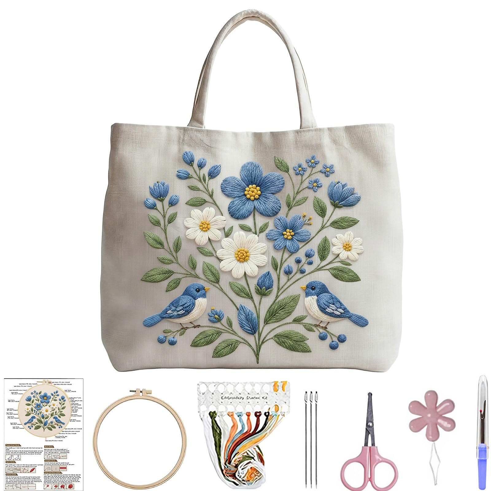 Lebartm Embroidery Tote Bag Kit for Beginners Flower Canvas Cross Stitch Handbag with Hoops Needles Threads Reusable Grocery Bag for Women-Bird