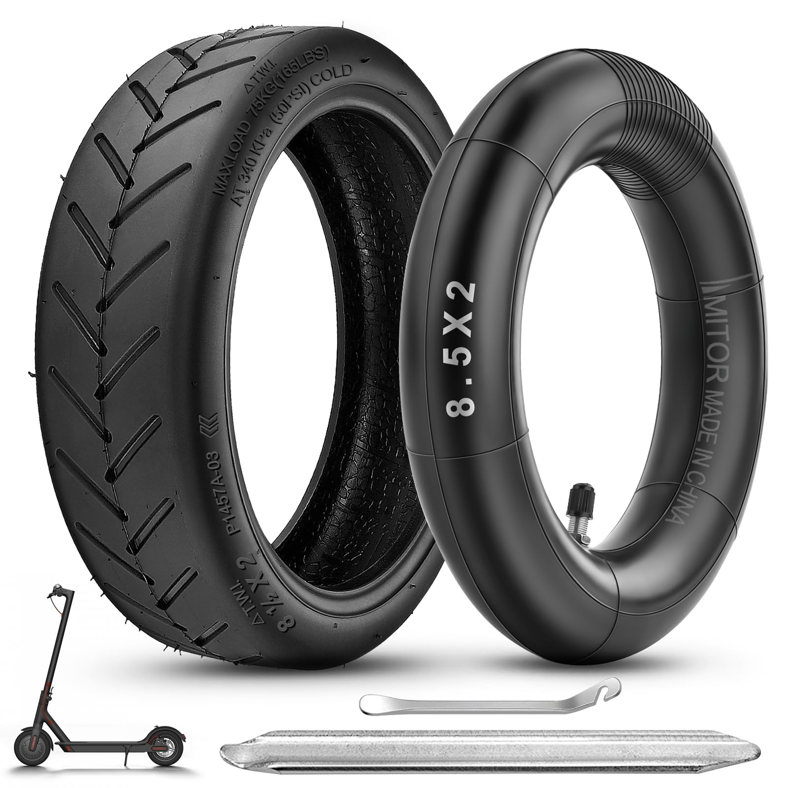 Amitor 8.5 Inch Scooter Tyre 50/75-6.1 Inner Tube with Silver Straight Valve, Electric Scooter Wheel Replacement with Tyre Lever for Xiaomi 1S M365 Pro 2 Mi3, Ideal for Urban Commuting, 1 Set
