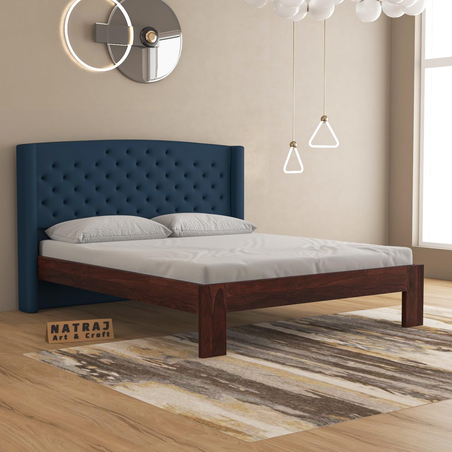 NATRAJ ART & CRAFT Solid Sheesham Wood King Size Bed with Upholstered Tufted Headboard | Rosewood Bed for Bedroom Furniture (Walnut Finish,Navy Blue Headboard, King)