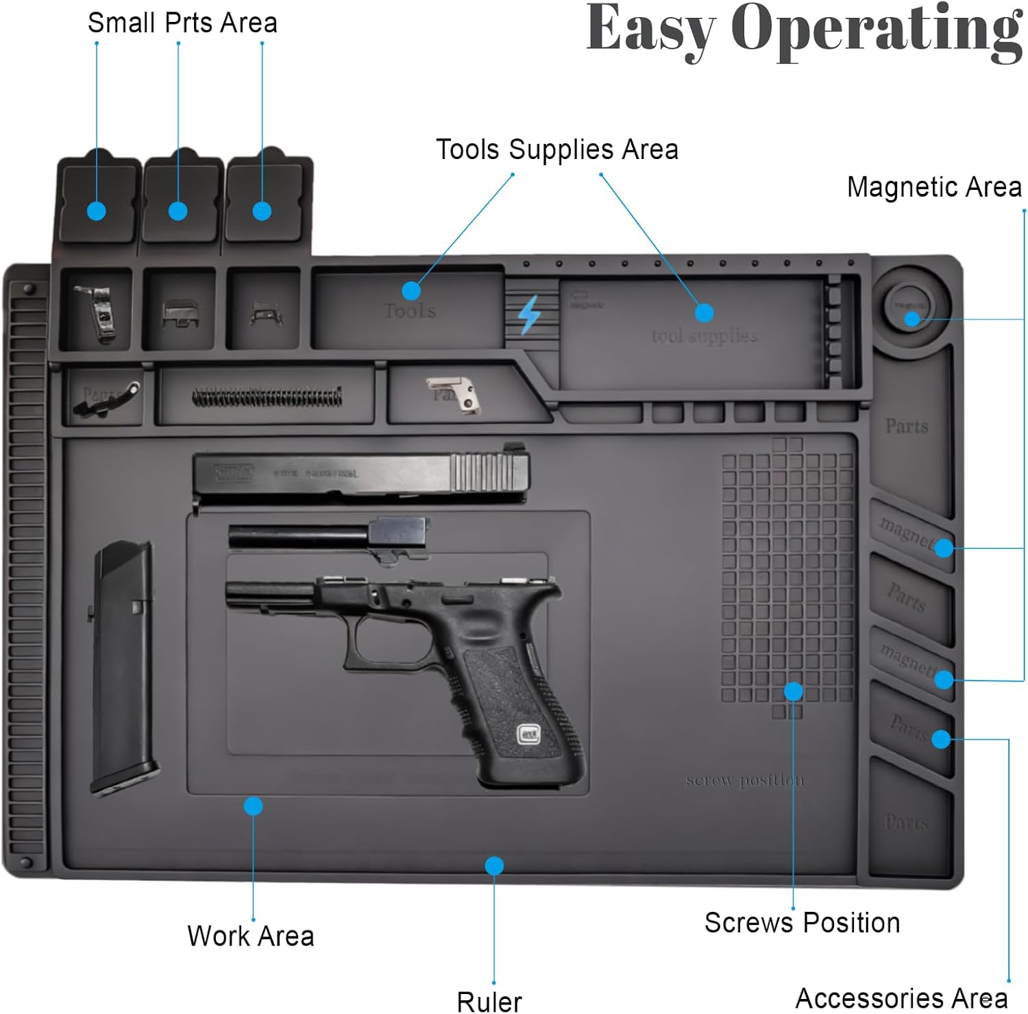 Gun Cleaning Mat, Thickened Magnetic Gun Mat with Organizer Parts Tray and Ruler, Anti-Slip Rubber Pistol Cleaning Mat, Protective Workbench Mat for Glock Cleaning