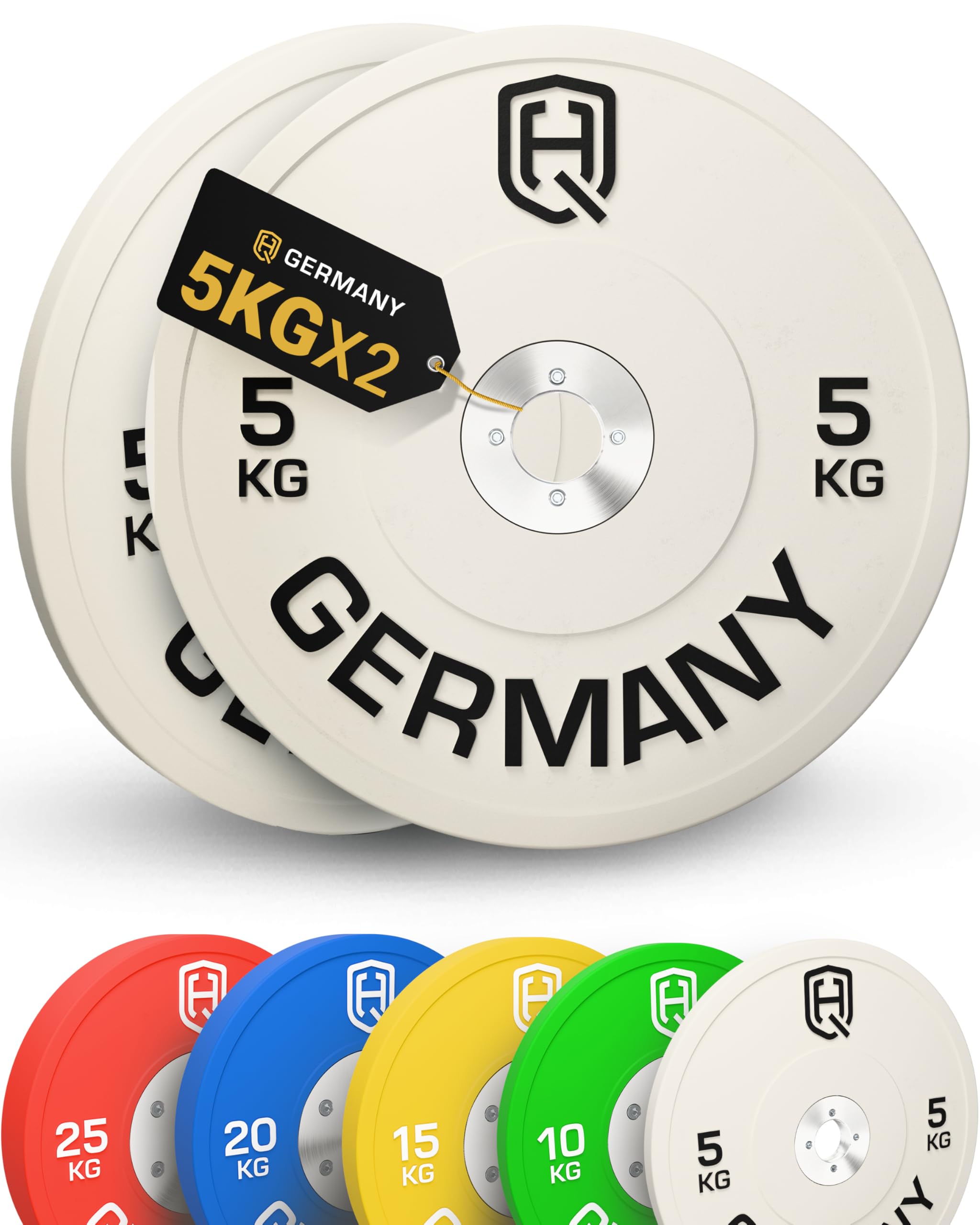 HQ Germany® Bumper Plates 50mm [±10g] - Wettkampf Hantelscheiben 5-25kg | Robustes Vollgummi, Ø 450mm, 50mm-Bohrung, Shore-A 90 Härte, ±10g kalibriert, hartverchromte Stahl-Hülse, IWF-geprüft