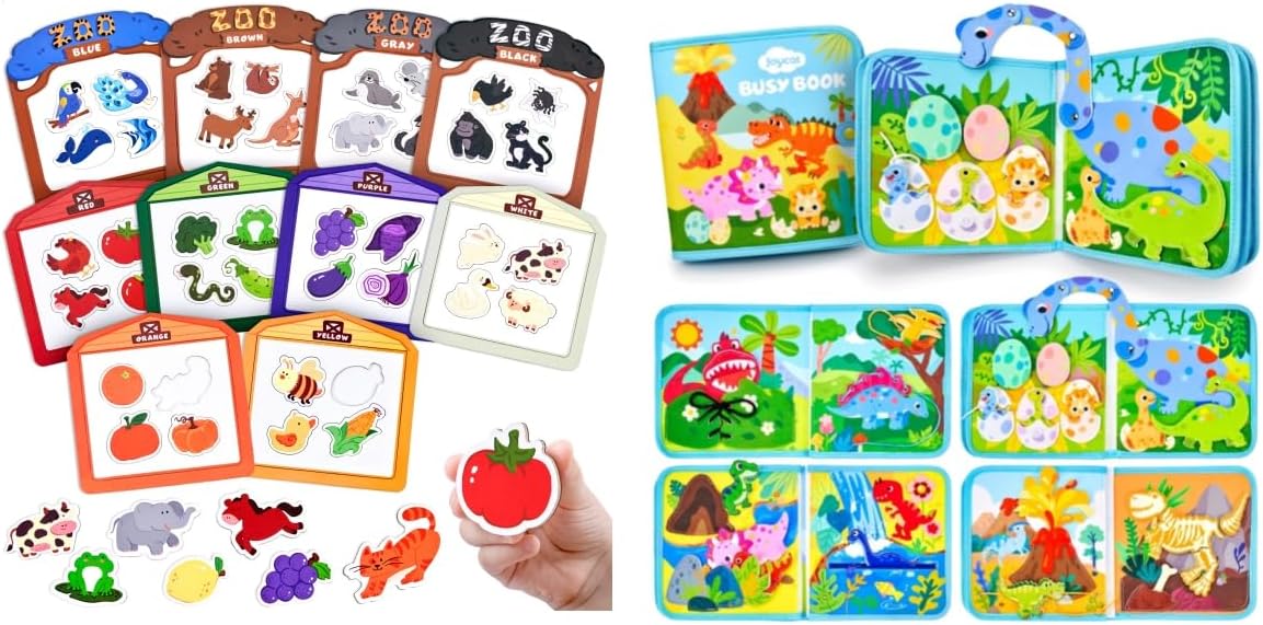 JoyCat Toddler Dinosaur Busy Book + Color Sorting Sensory Toys, 10-Piece Wooden Magnetic Color Set for Toddlers