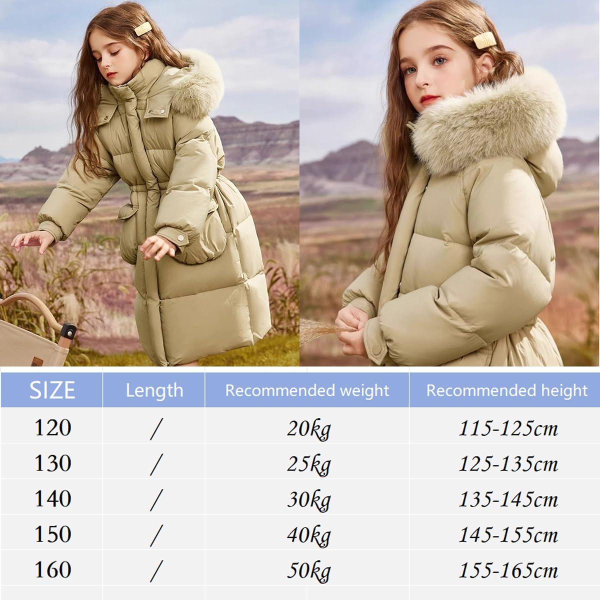 Enfant Fille Manteau mi Long à Capuche Fourrure Doudoune Matelassé Veste Hiver Chaud Parka Rembourré Blouson Coupe Vent